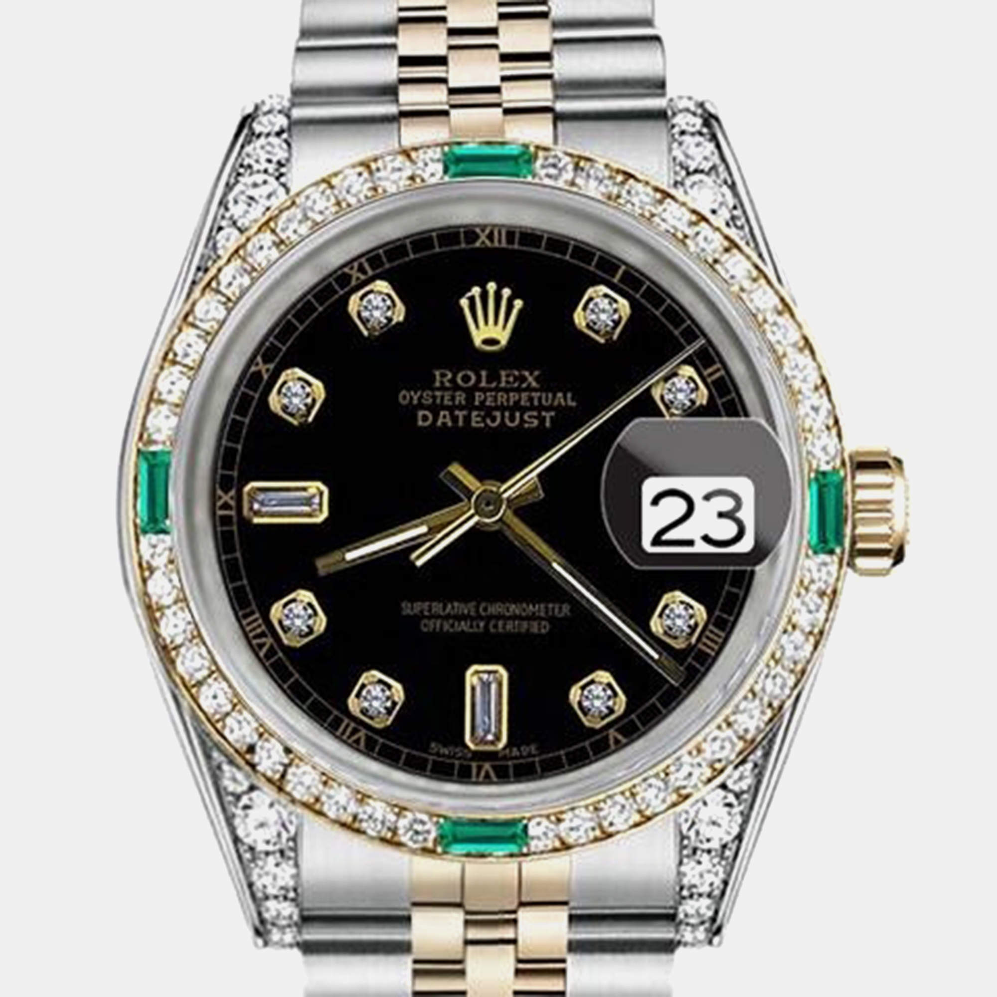 Rolex Customised Black Diamond 18K Yellow Gold Stainless Steel Datejust 16013 Automatic Men's Wristwatch 36mm