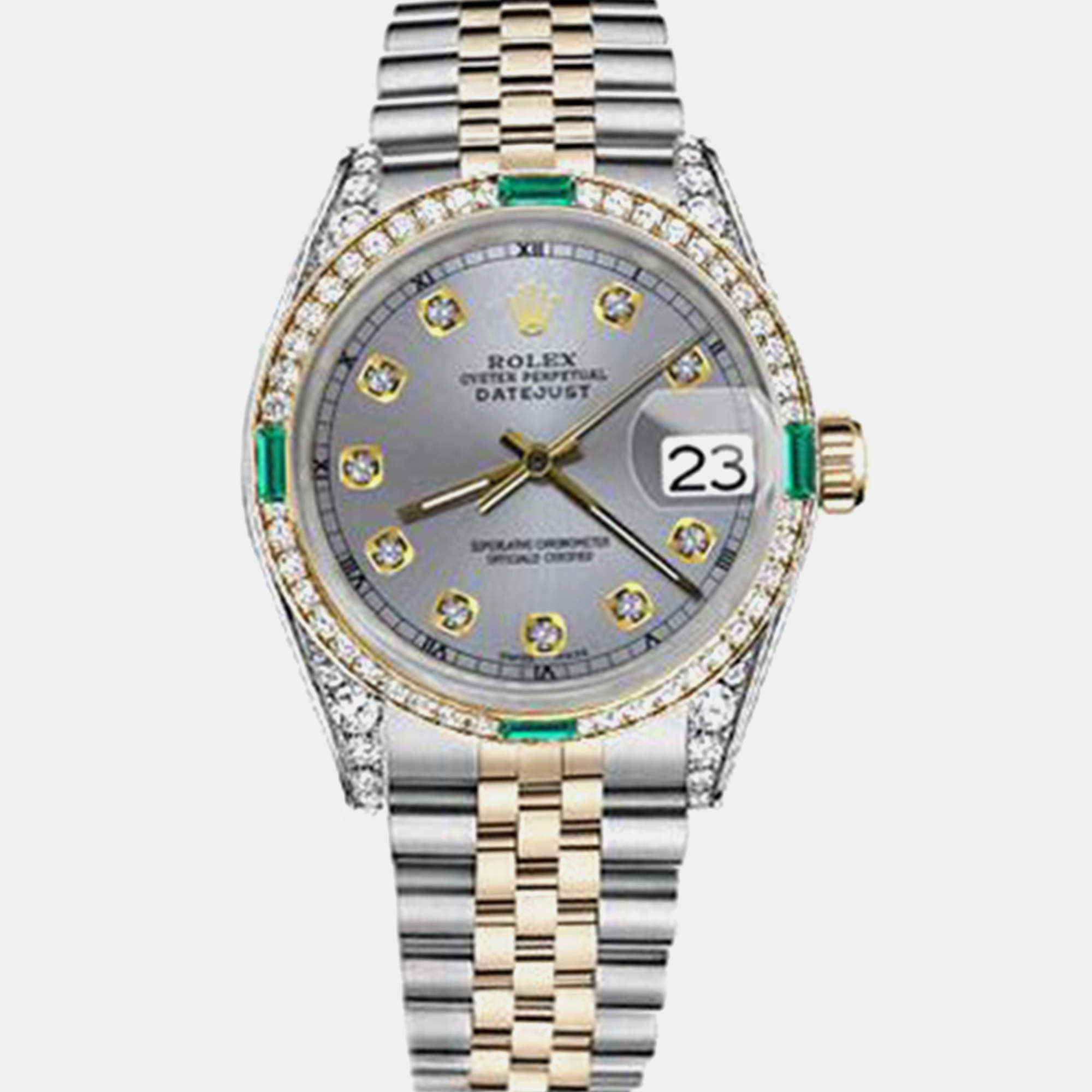 Rolex Customised Grey Diamond 18K Yellow Gold Stainless Steel Datejust 16013 Automatic Men's Wristwatch 36mm