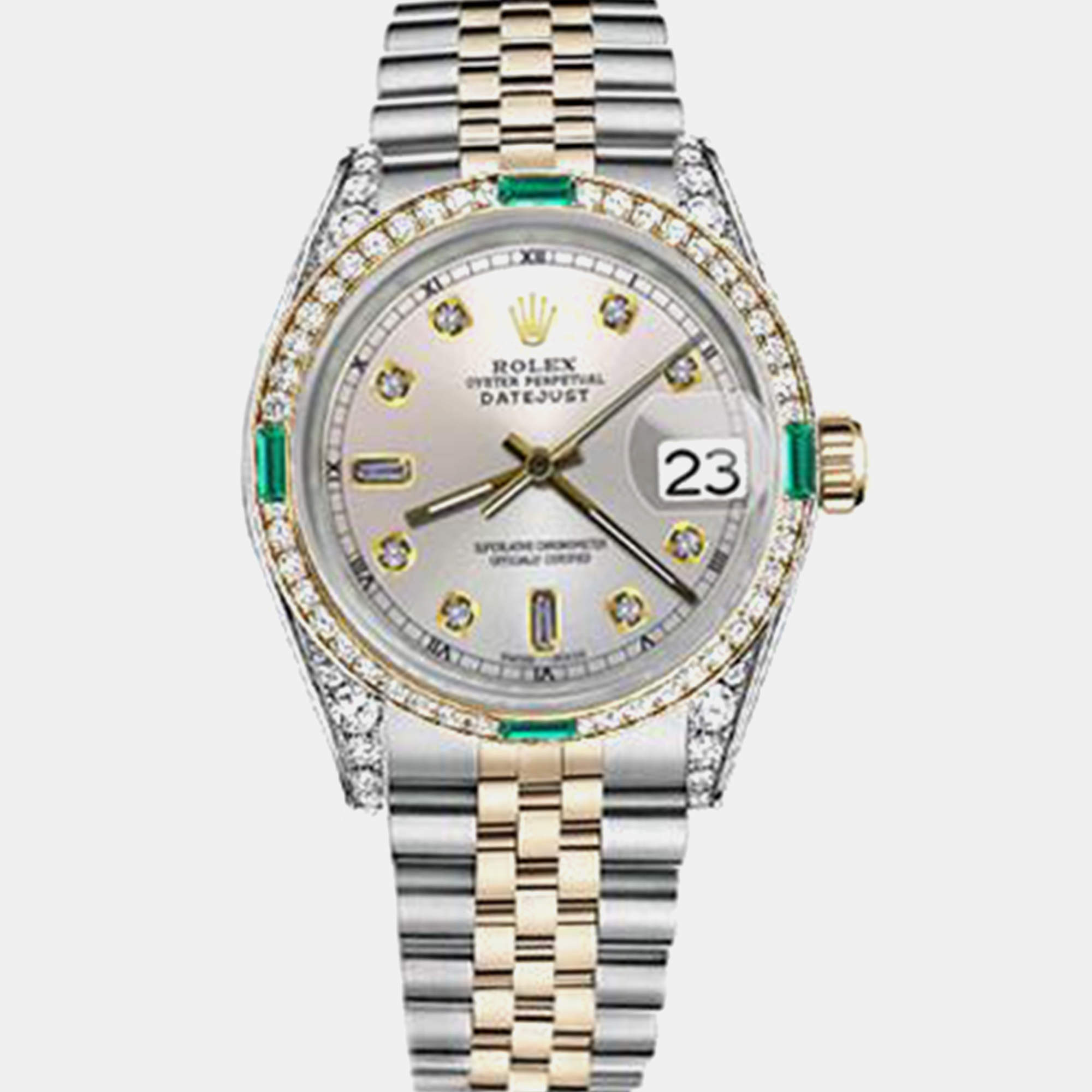 Rolex Customised Silver Diamond 18K Yellow Gold Stainless Steel Datejust 16013 Automatic Men's Wristwatch 36mm
