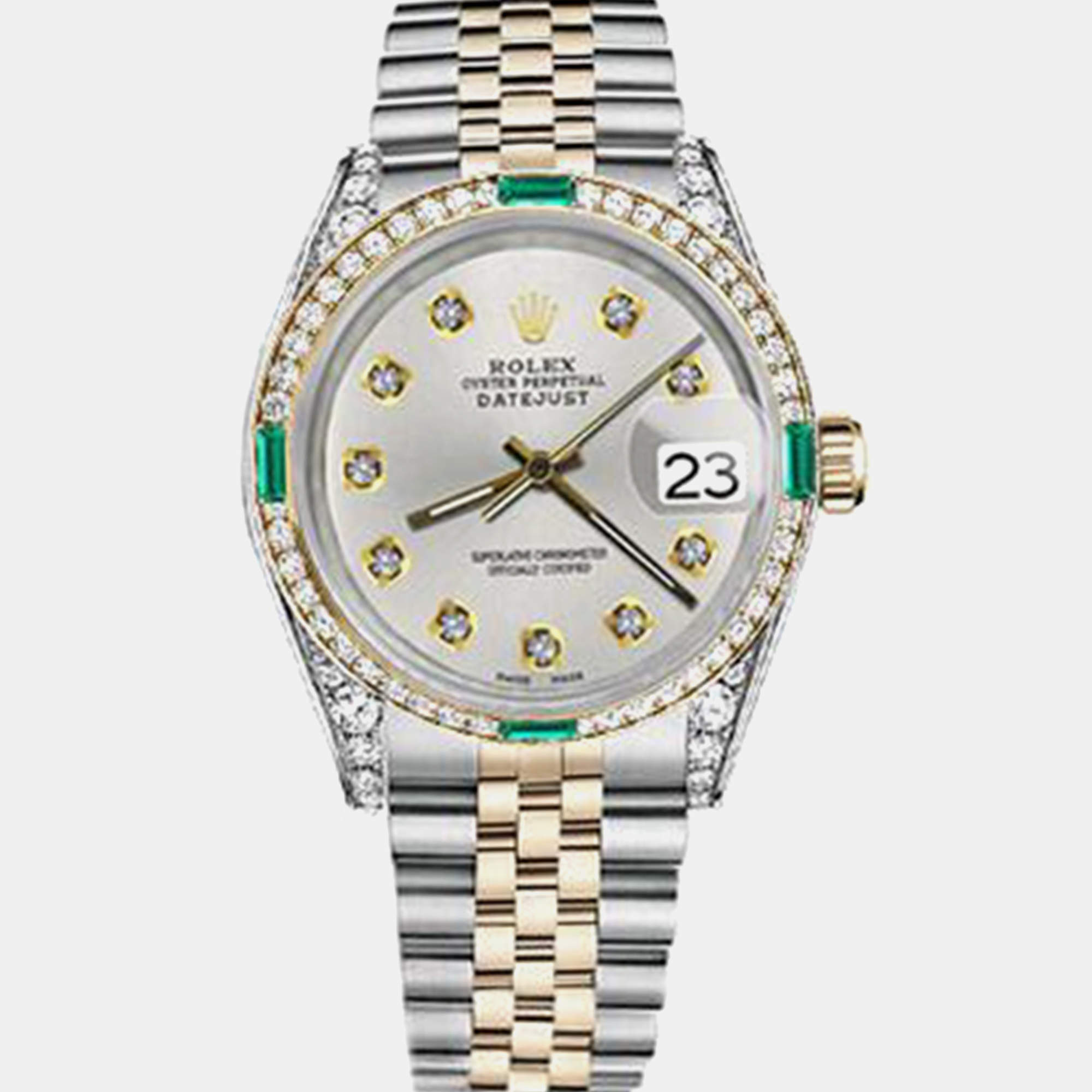 Rolex Customised Silver Diamond 18K Yellow Gold Stainless Steel Datejust 16013 Automatic Men's Wristwatch 36mm