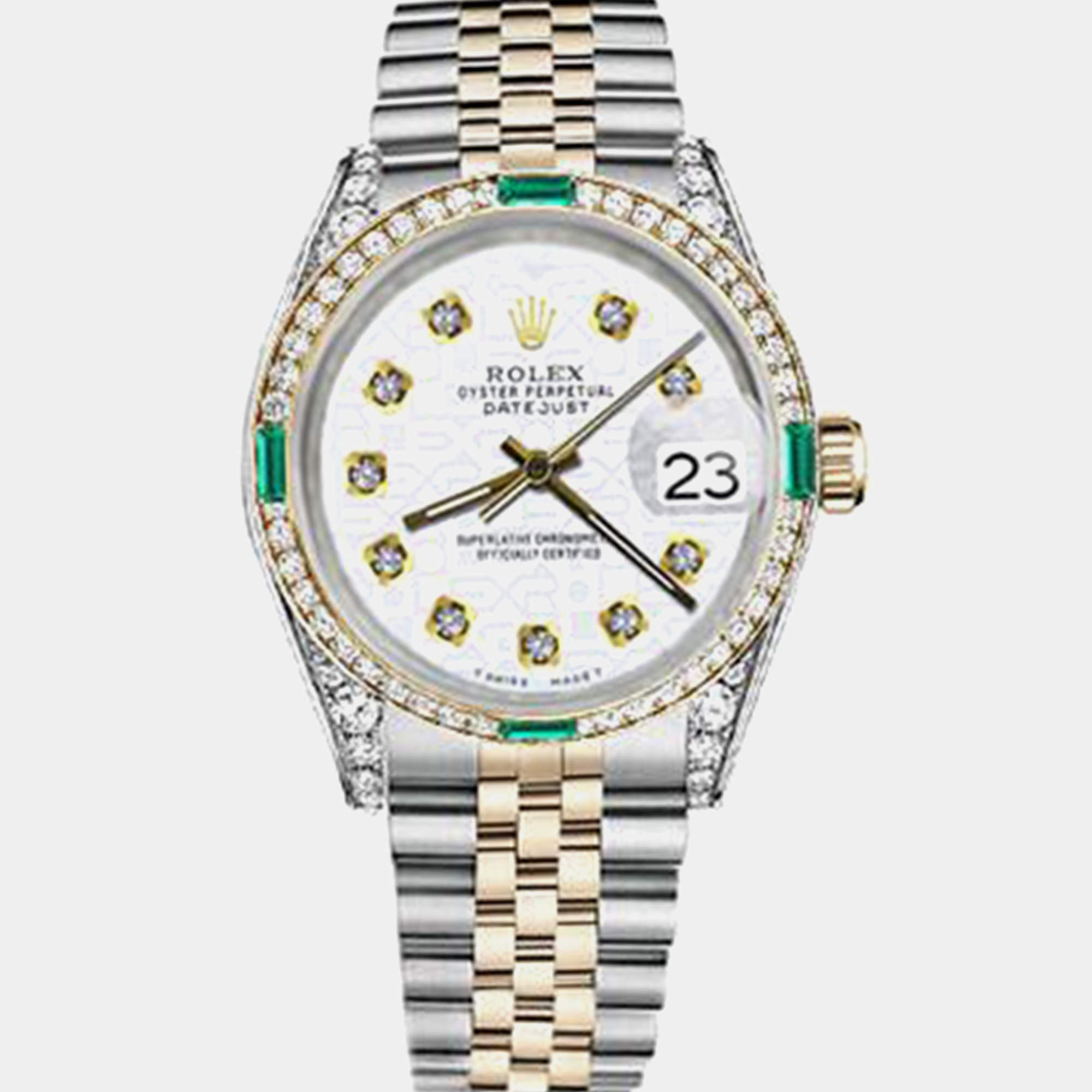 Rolex Customised White Diamond 18K Yellow Gold Stainless Steel Datejust 16013 Automatic Men's Wristwatch 36mm