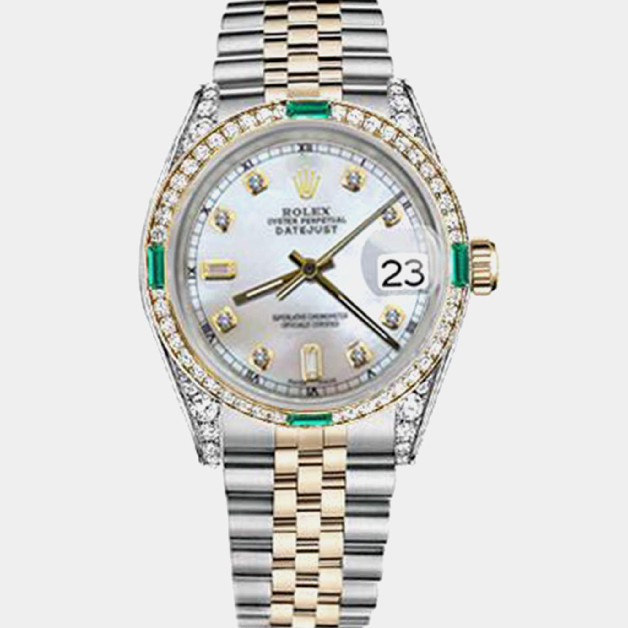 Rolex Customised White MOP Diamond 18K Yellow Gold Stainless Steel Datejust 16013 Automatic Men's Wristwatch 36mm