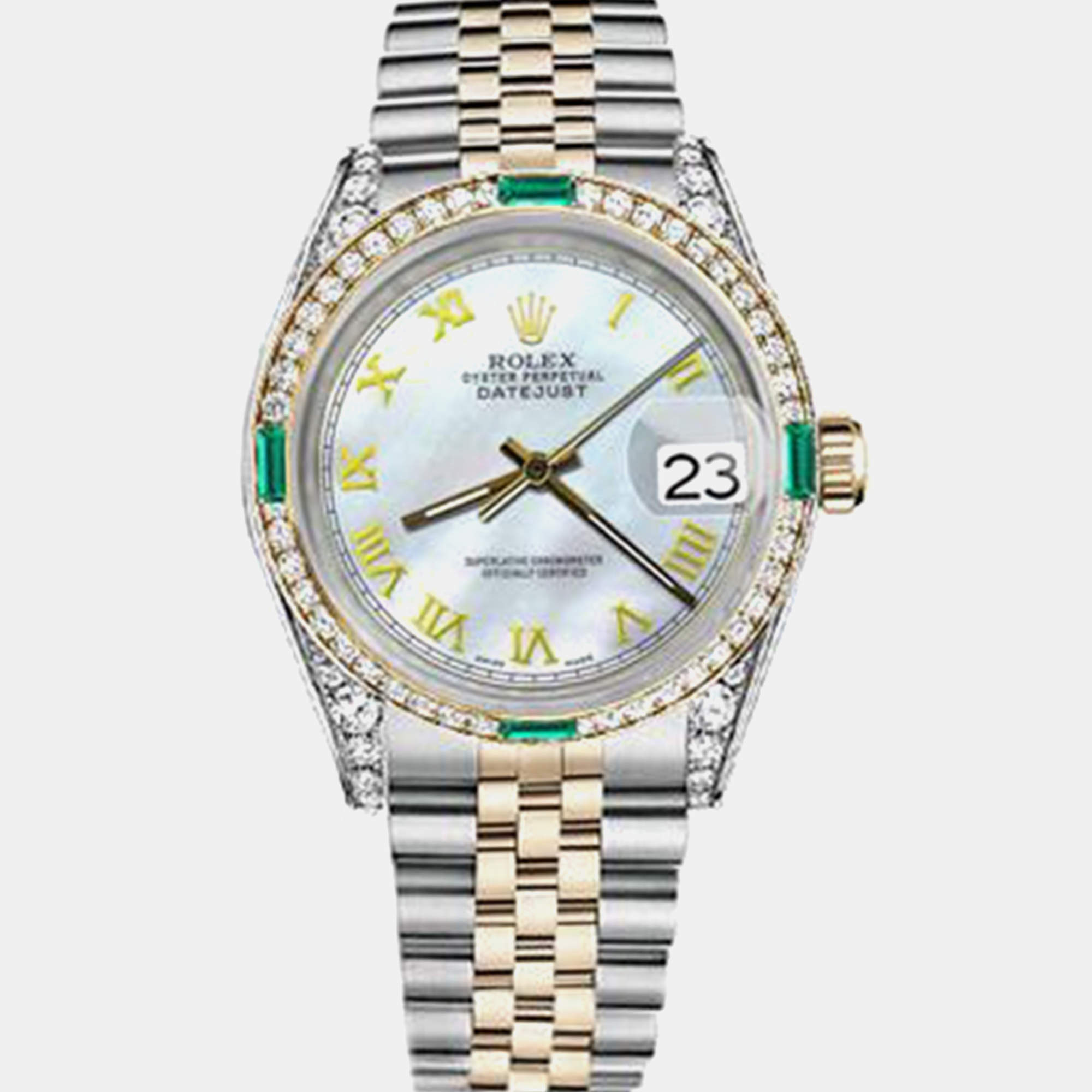 Rolex Customised White MOP Diamond 18K Yellow Gold Stainless Steel Datejust 16013 Automatic Men's Wristwatch 36mm