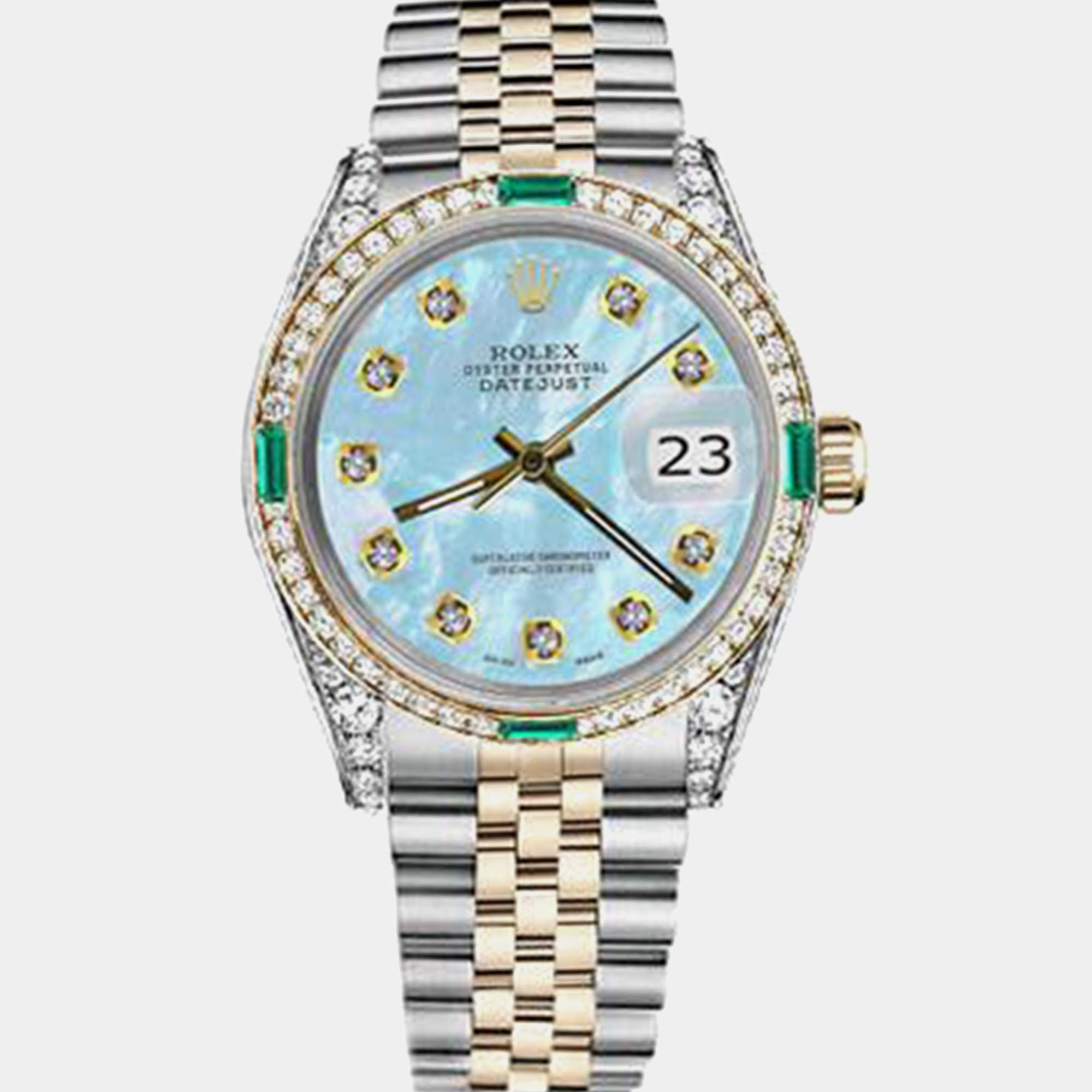 Rolex Customised Blue MOP Diamond 18K Yellow Gold Stainless Steel Datejust 16013 Automatic Men's Wristwatch 36mm