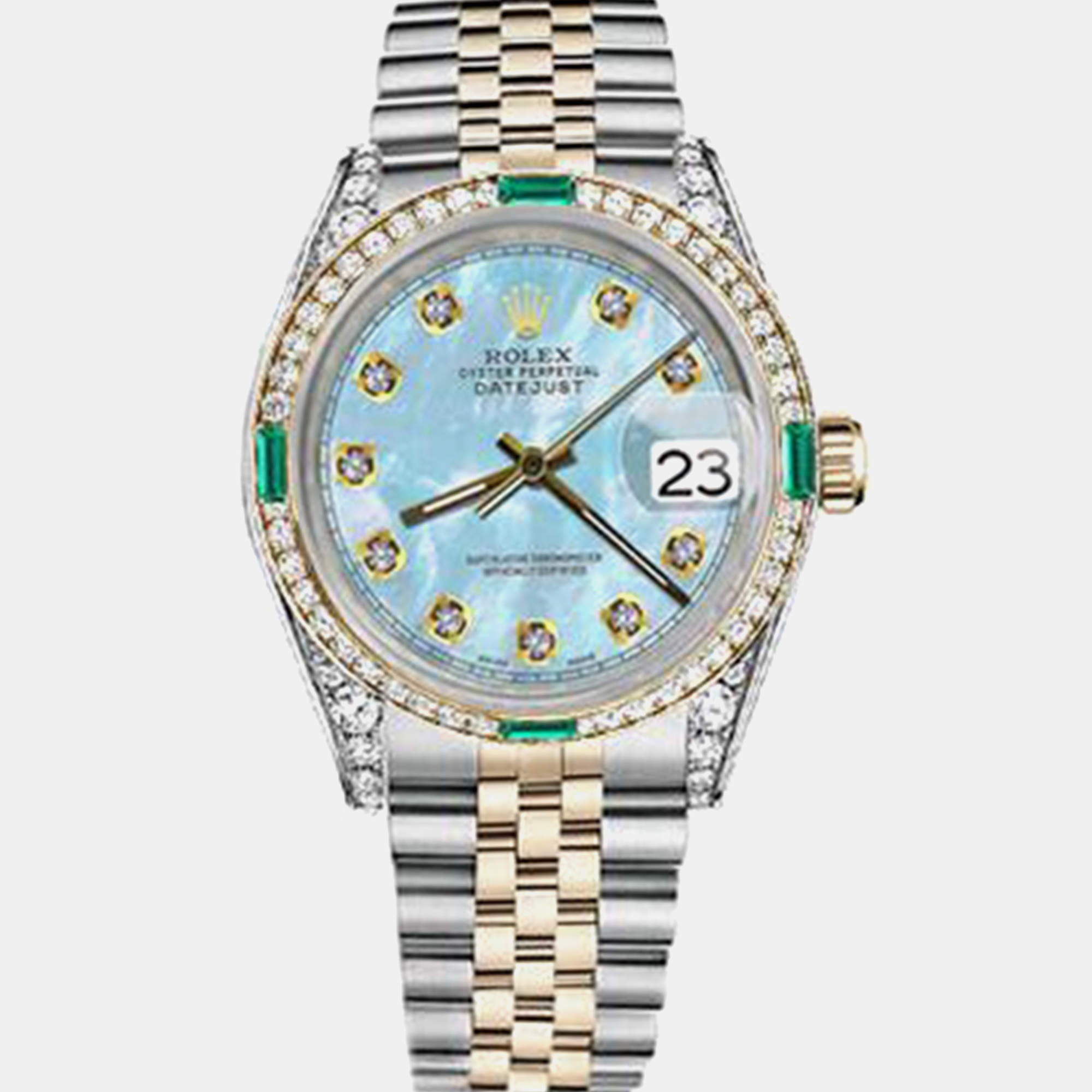 Rolex Customised Blue MOP Diamond 18K Yellow Gold Stainless Steel Datejust 16013 Automatic Men's Wristwatch 36mm