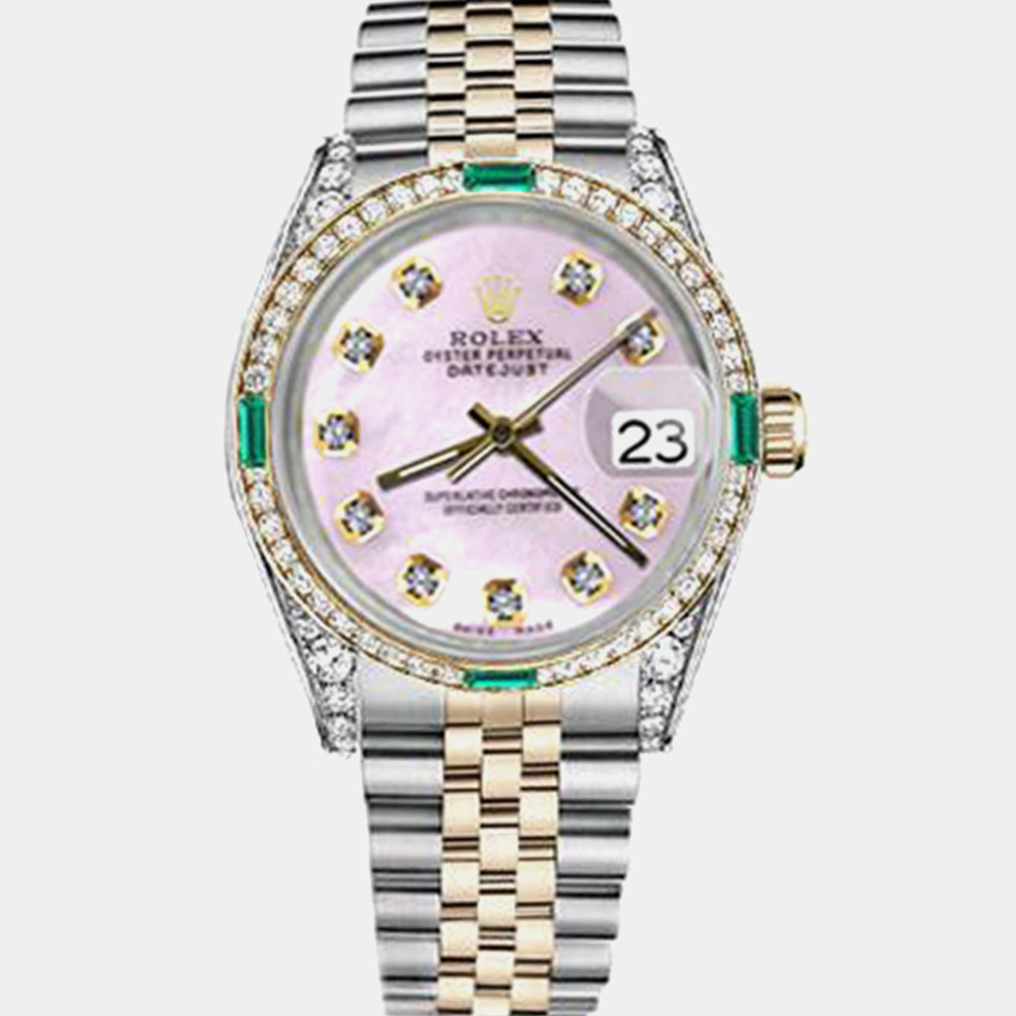 Rolex Customised Pink MOP Diamond 18K Yellow Gold Stainless Steel Datejust 16013 Automatic Men's Wristwatch 36mm