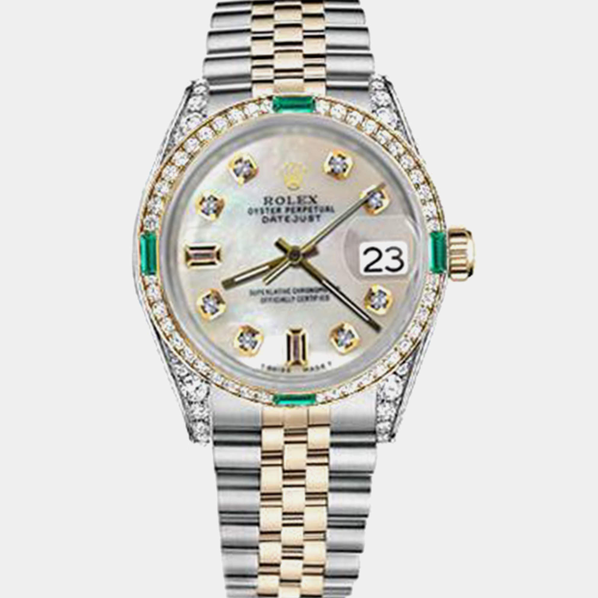 Rolex Customised White MOP Diamond 18K Yellow Gold Stainless Steel Datejust 16013 Automatic Men's Wristwatch 36mm