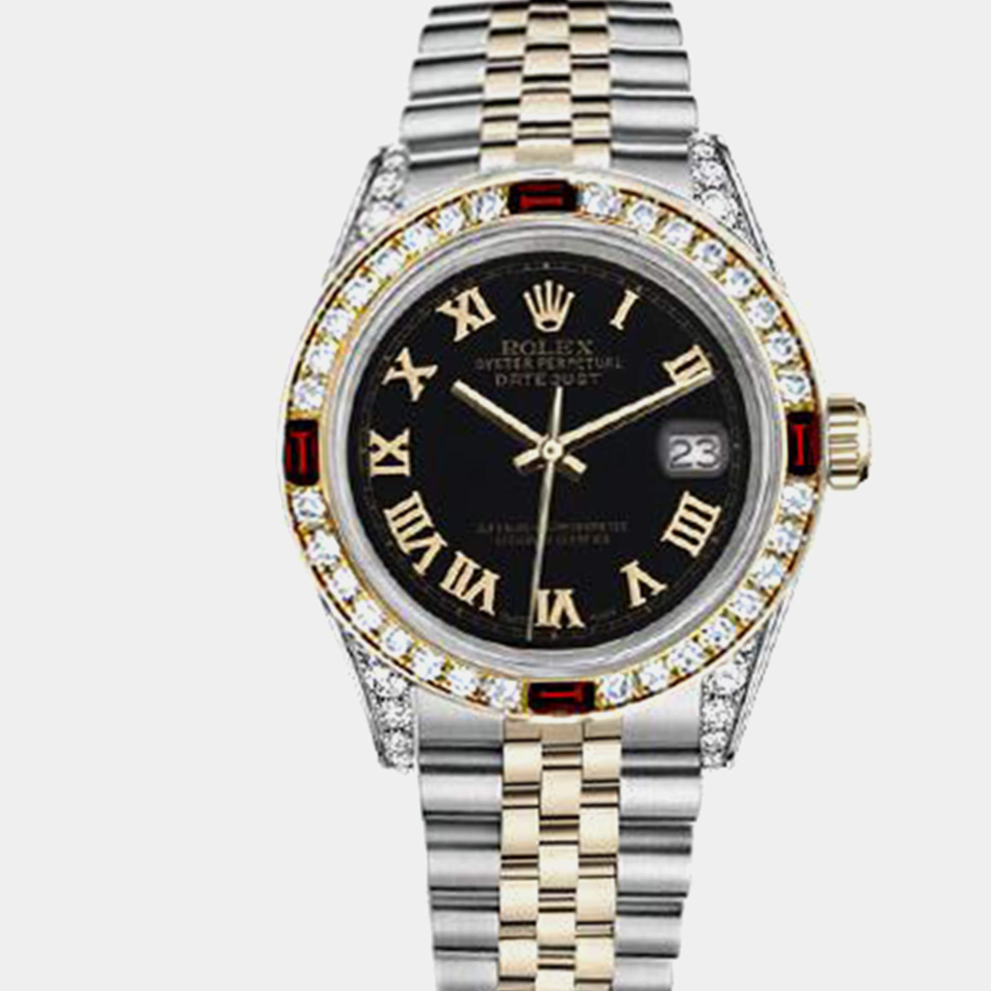 Rolex Customised Black Diamond 18K Yellow Gold Stainless Steel Datejust 16013 Automatic Men's Wristwatch 36mm