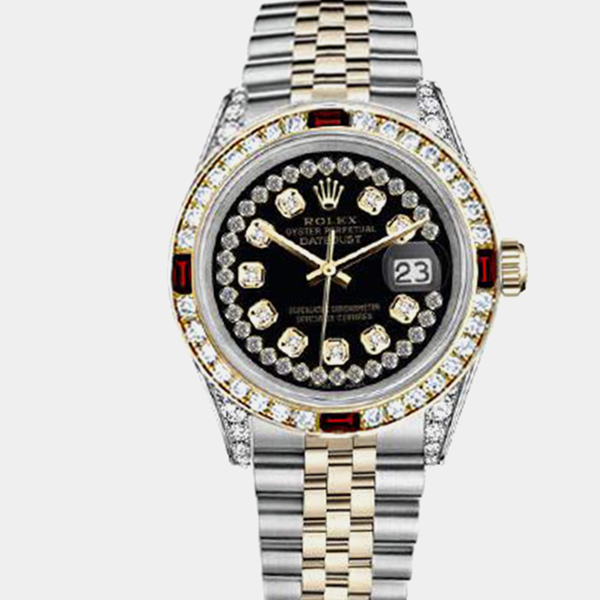 Rolex Customised Black Diamond 18K Yellow Gold Stainless Steel Datejust 16013 Automatic Men's Wristwatch 36mm
