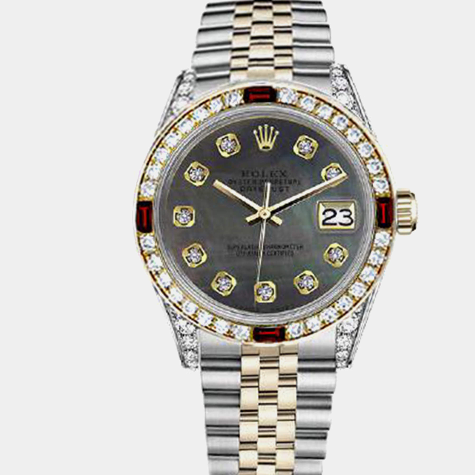 Rolex Customised Black MOP Diamond 18K Yellow Gold Stainless Steel Datejust 16013 Automatic Men's Wristwatch 36mm