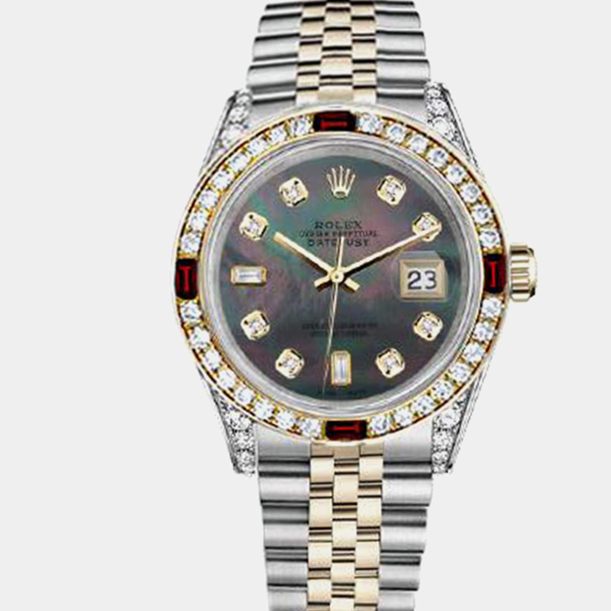 Rolex Customised Black MOP Diamond 18K Yellow Gold Stainless Steel Datejust 16013 Automatic Men's Wristwatch 36mm