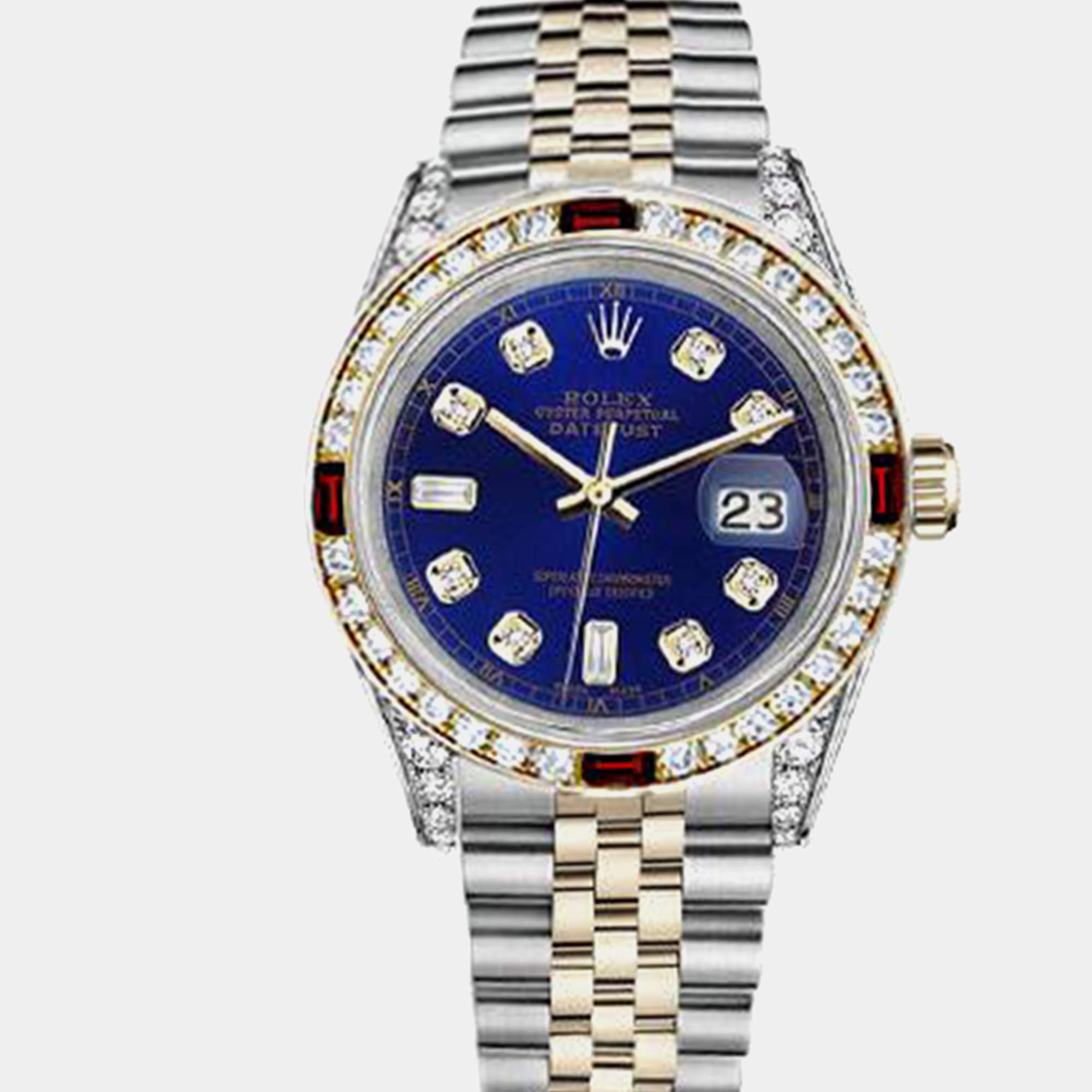 Rolex Customised Blue Diamond 18K Yellow Gold Stainless Steel Datejust 16013 Automatic Men's Wristwatch 36mm