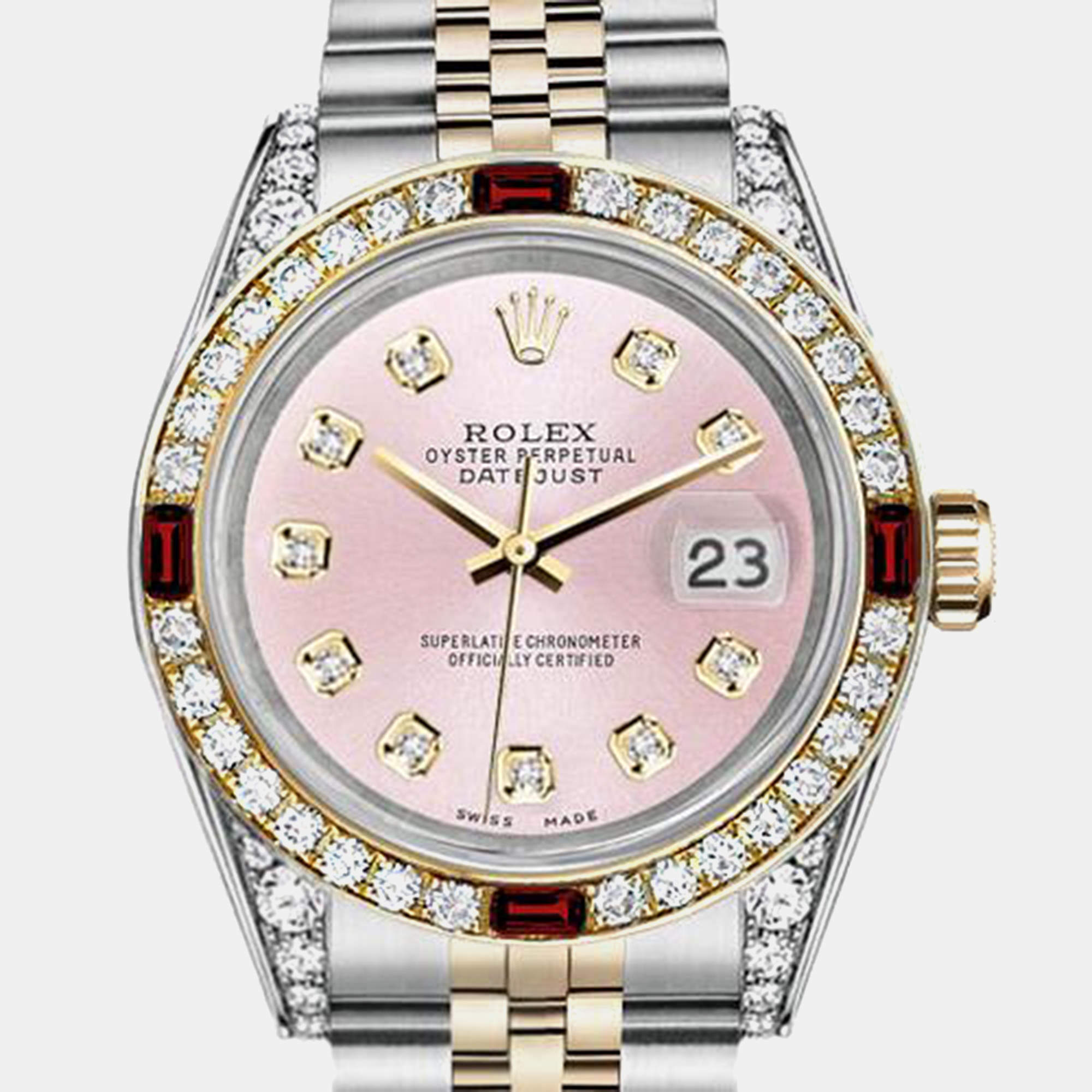 Rolex Customised Pink Diamond 18K Yellow Gold Stainless Steel Datejust 16013 Automatic Men's Wristwatch 36mm