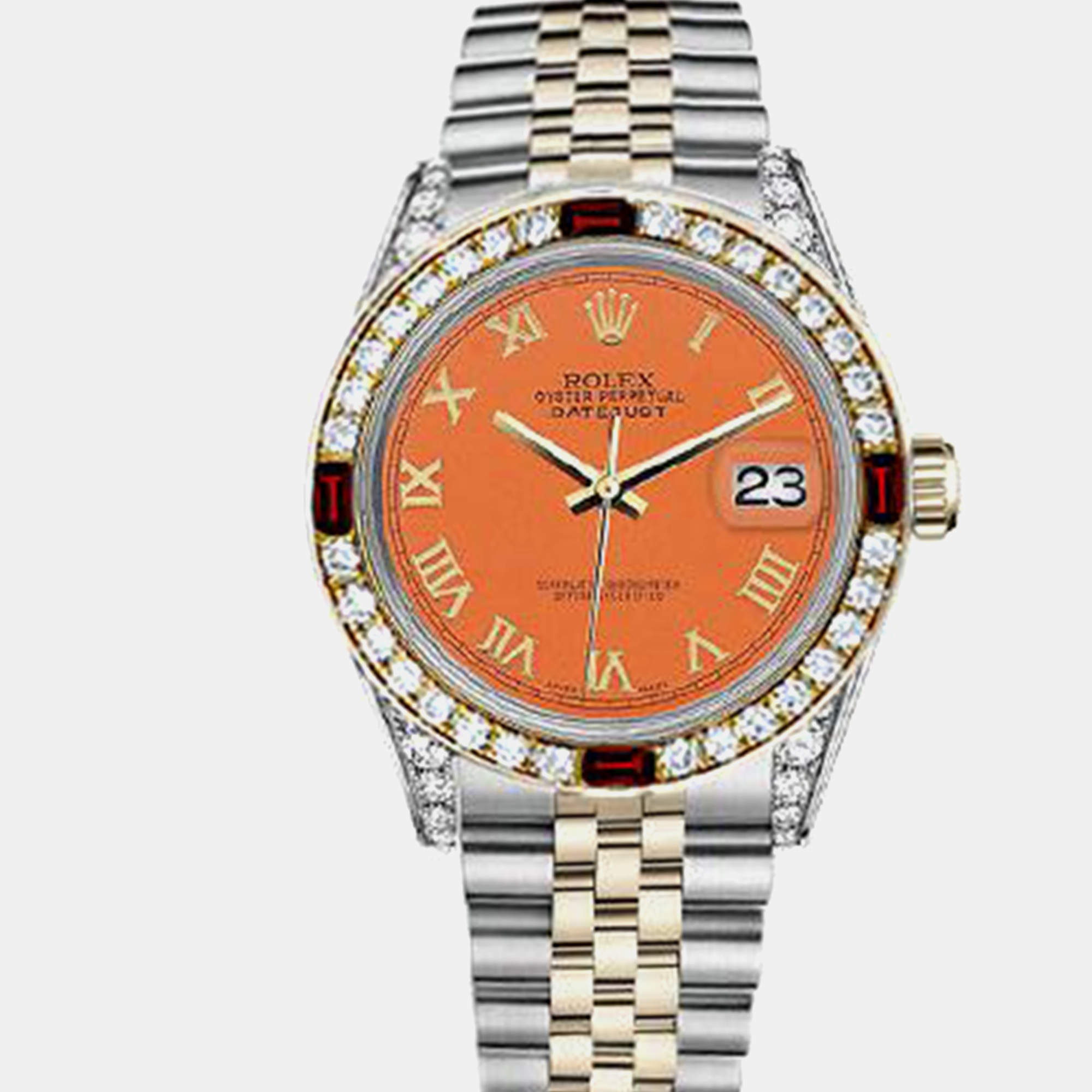 Rolex Customised Orange Diamond 18K Yellow Gold Stainless Steel Datejust 16013 Automatic Men's Wristwatch 36mm