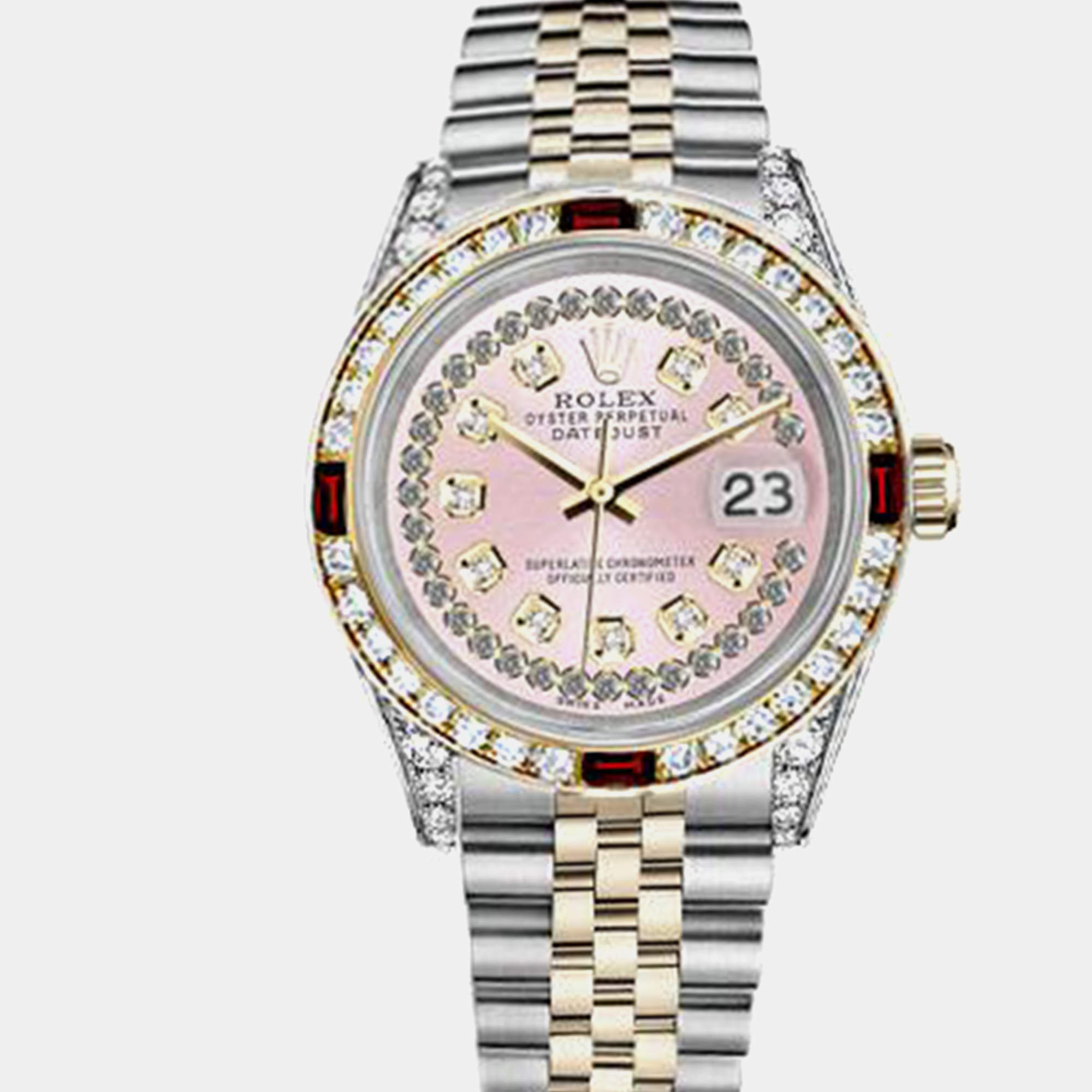 Rolex Customised Pink Diamond 18K Yellow Gold Stainless Steel Datejust 16013 Automatic Men's Wristwatch 36mm