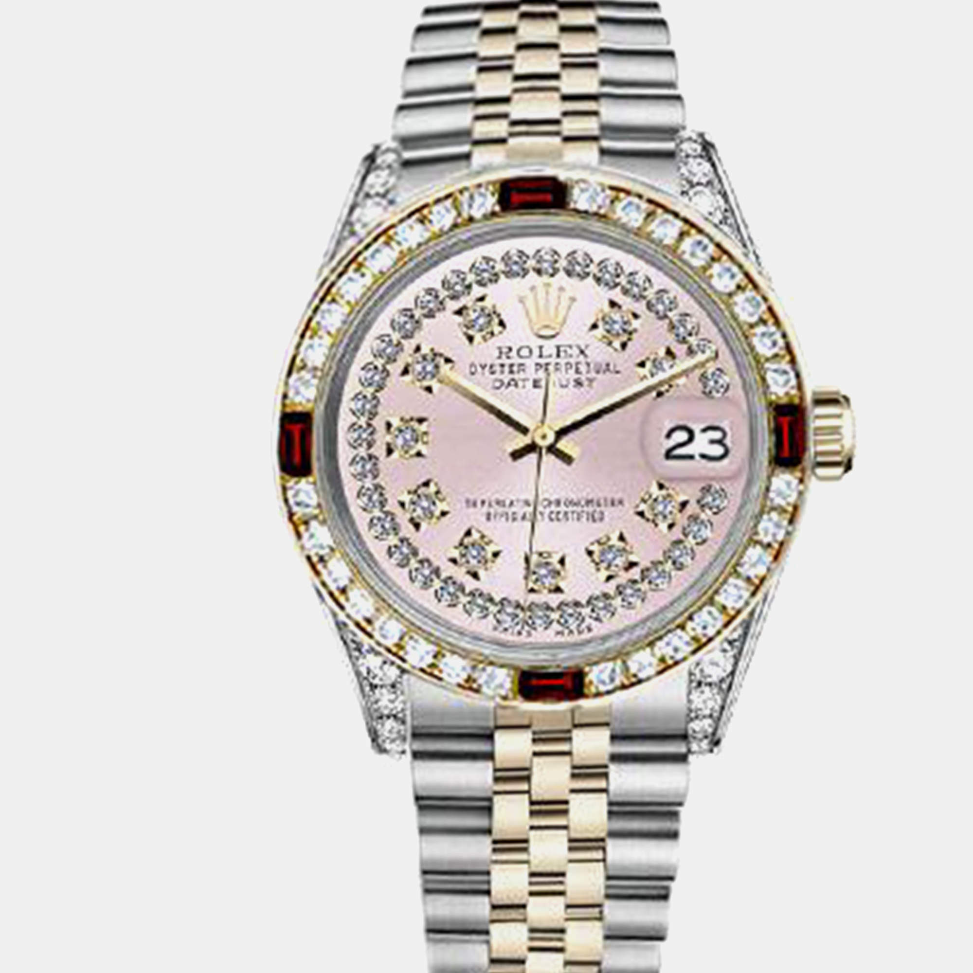 Rolex Customised Pink Diamond 18K Yellow Gold Stainless Steel Datejust 16013 Automatic Men's Wristwatch 36mm