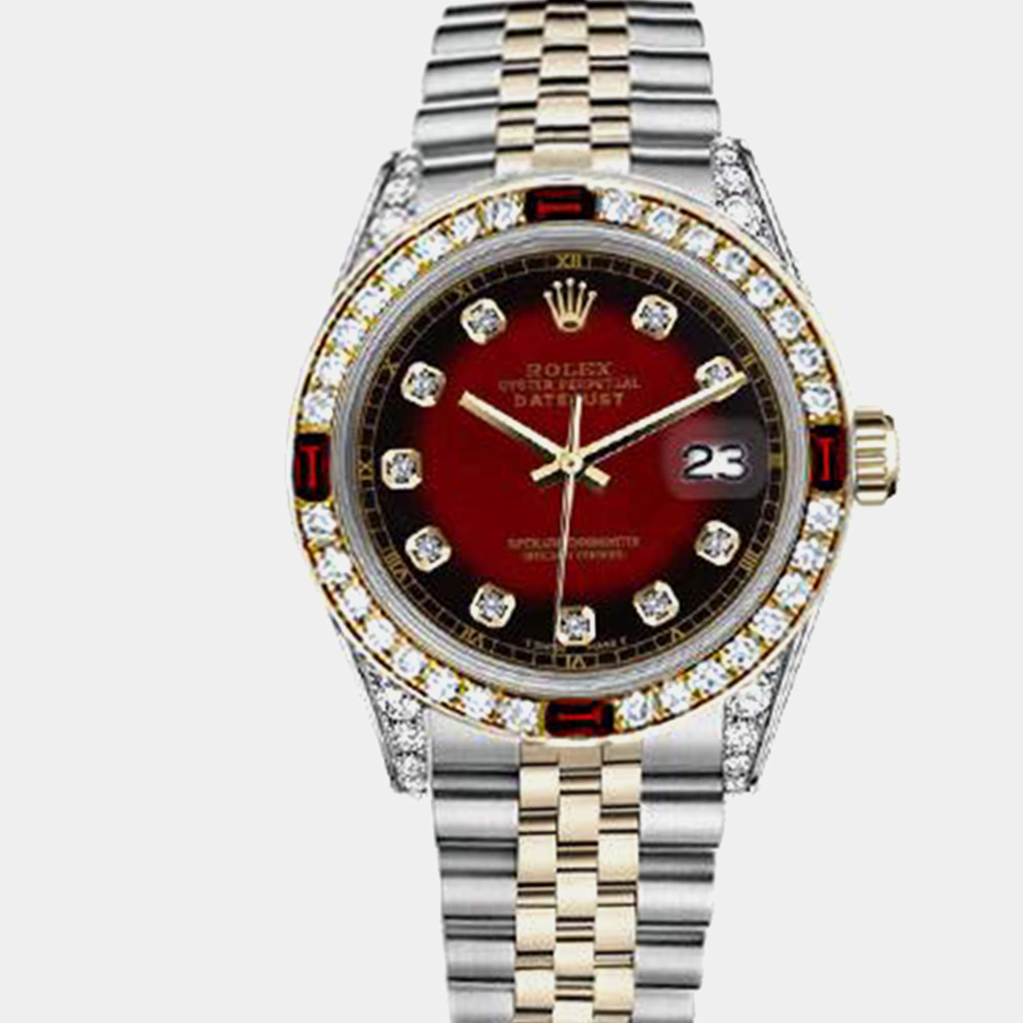 Rolex Customised Red Vignette Diamond 18K Yellow Gold Stainless Steel Datejust 16013 Automatic Men's Wristwatch 36mm