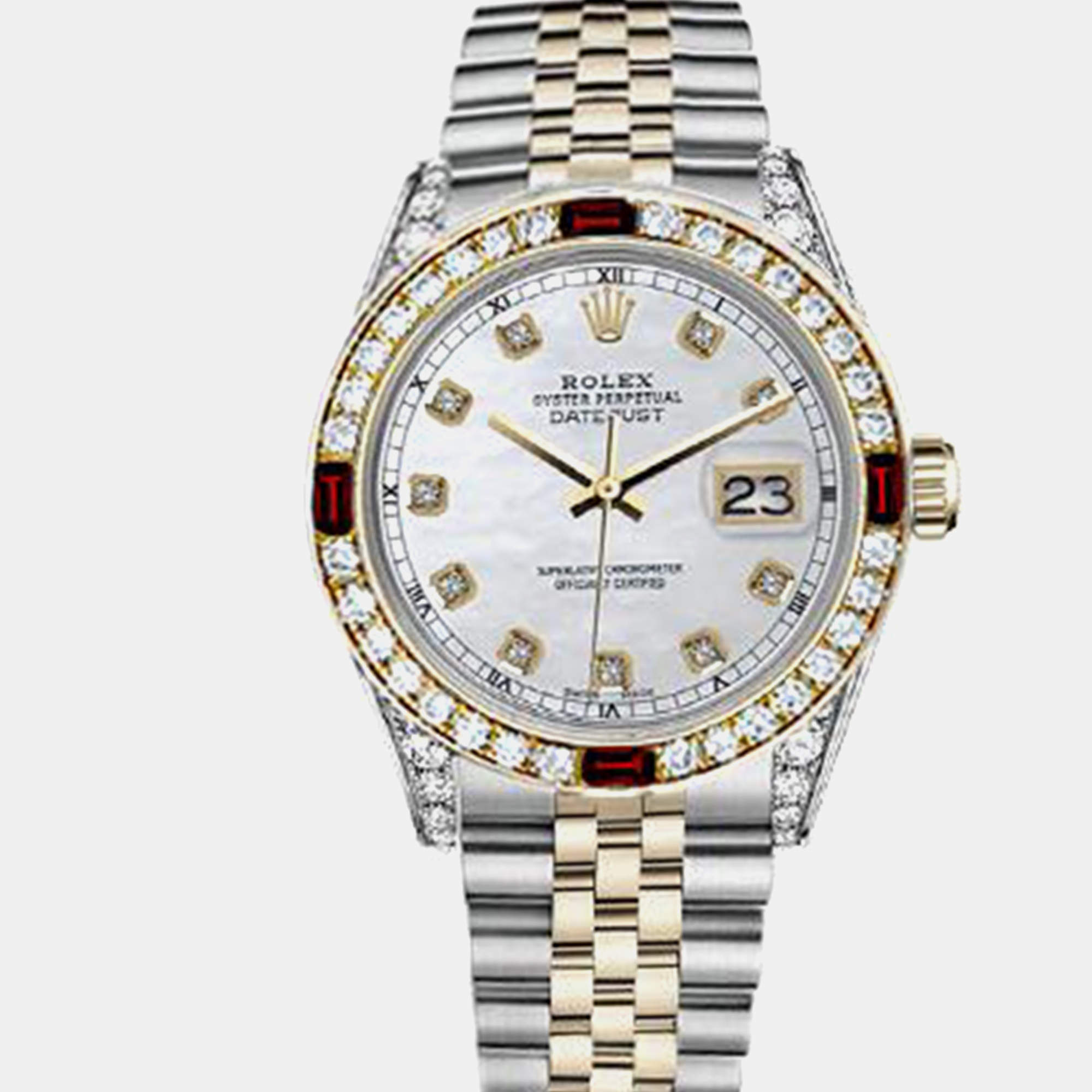 Rolex Customised White MOP Diamond 18K Yellow Gold Stainless Steel Datejust 16013 Automatic Men's Wristwatch 36mm