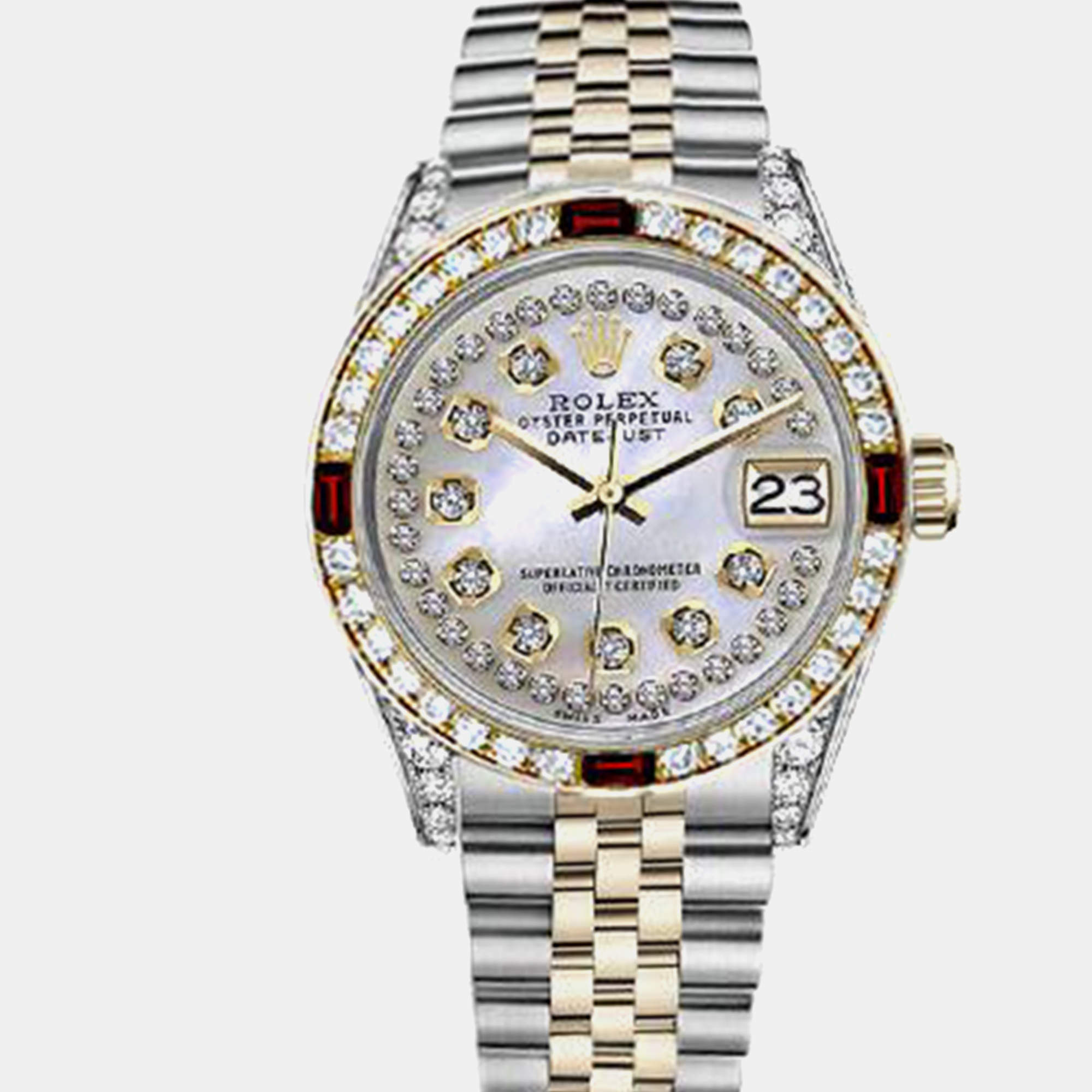 Rolex Customised White MOP Diamond 18K Yellow Gold Stainless Steel Datejust 16013 Automatic Men's Wristwatch 36mm