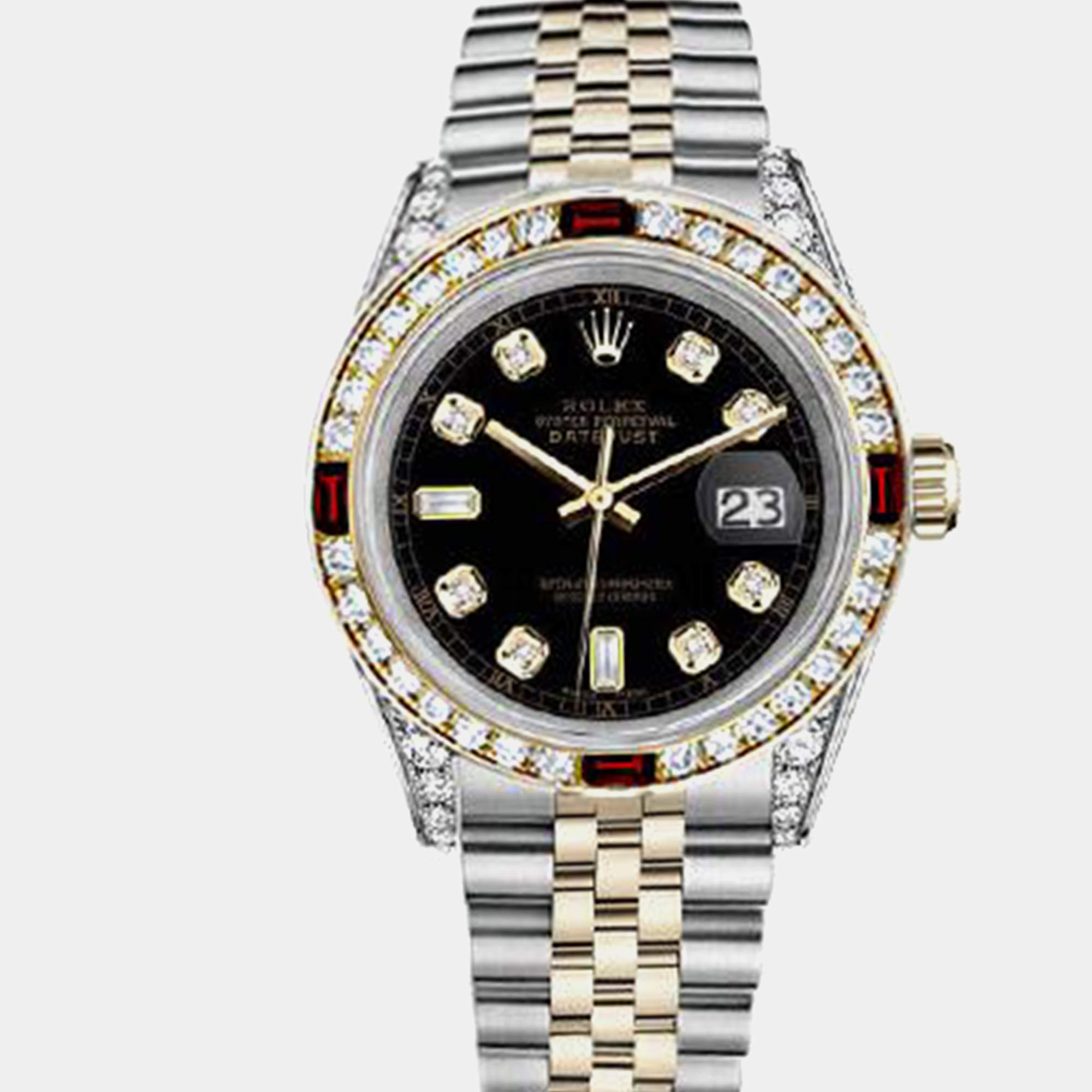 Rolex Customised Black Diamond 18K Yellow Gold Stainless Steel Datejust 16013 Automatic Men's Wristwatch 36mm