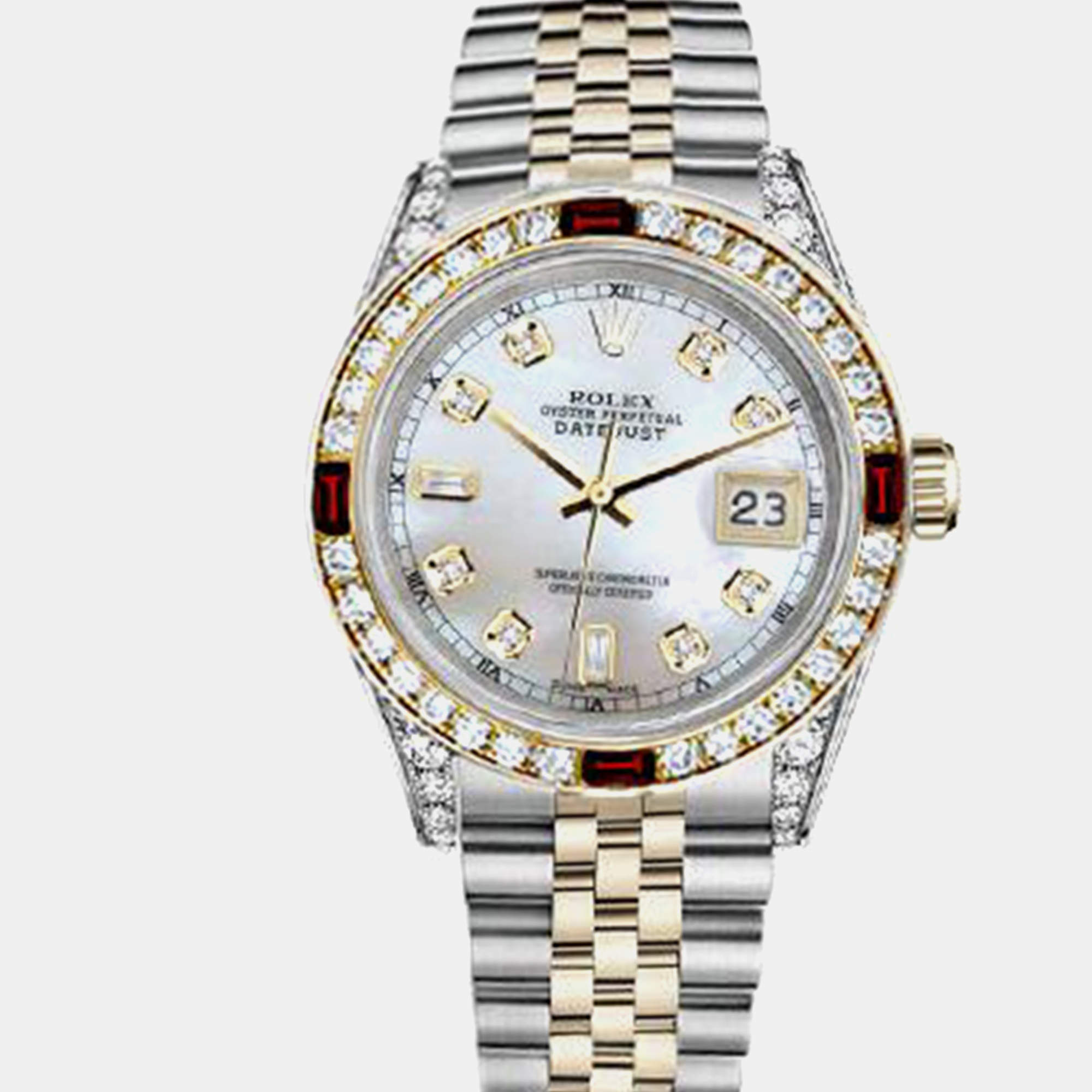 Rolex Customised White MOP Diamond 18K Yellow Gold Stainless Steel Datejust 16013 Automatic Men's Wristwatch 36mm