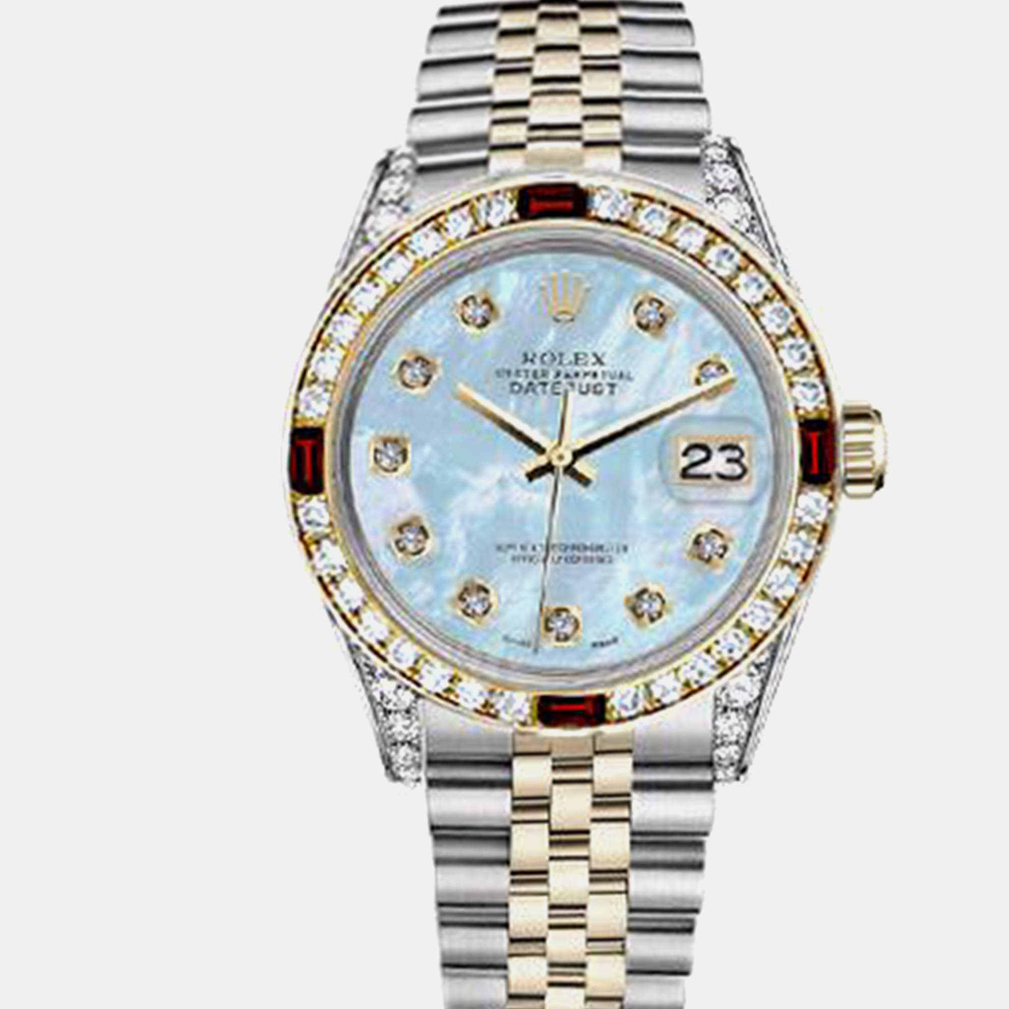 Rolex Customised Blue MOP Diamond 18K Yellow Gold Stainless Steel Datejust 16013 Automatic Men's Wristwatch 36mm