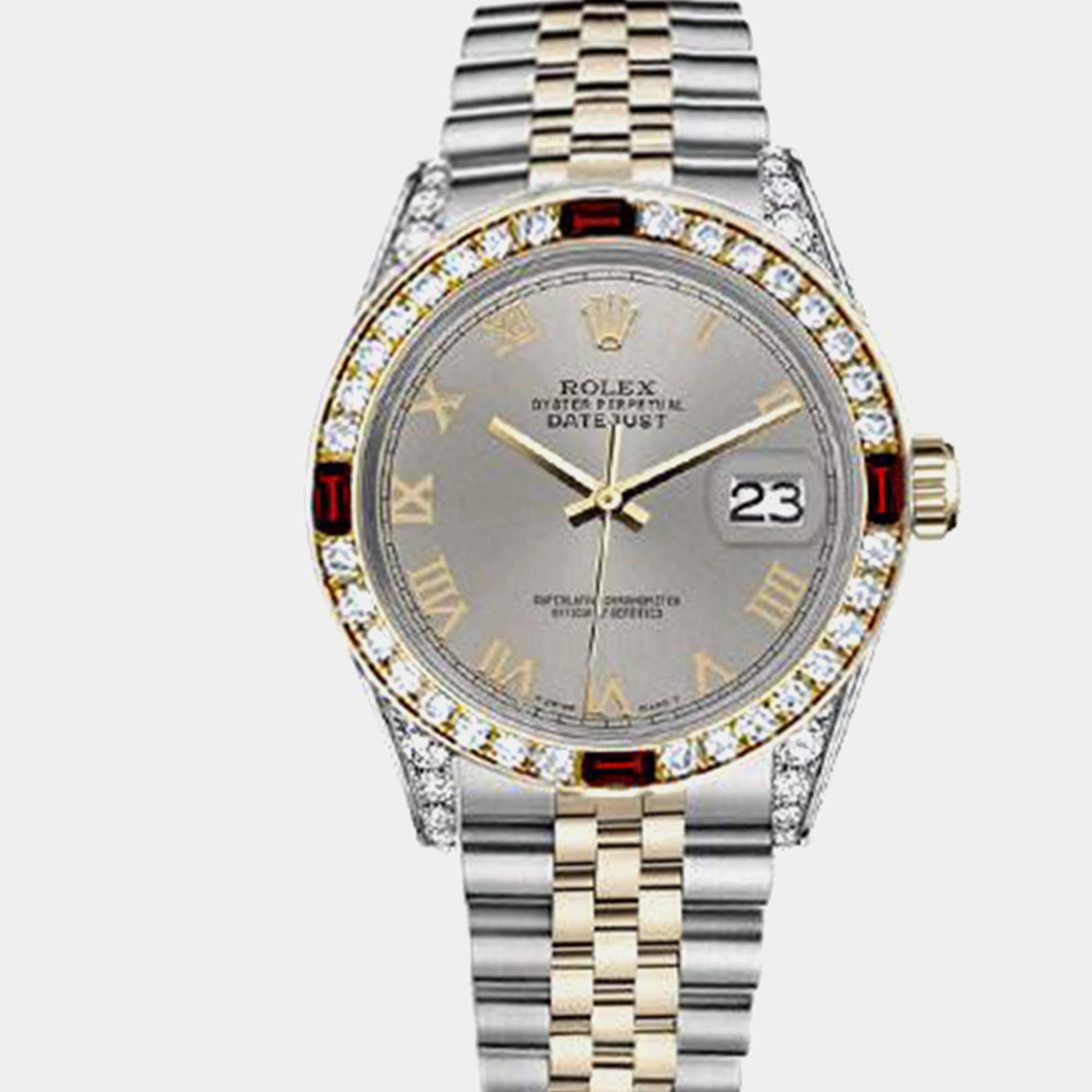 Rolex Customised Grey Diamond 18K Yellow Gold Stainless Steel Datejust 16013 Automatic Men's Wristwatch 36mm