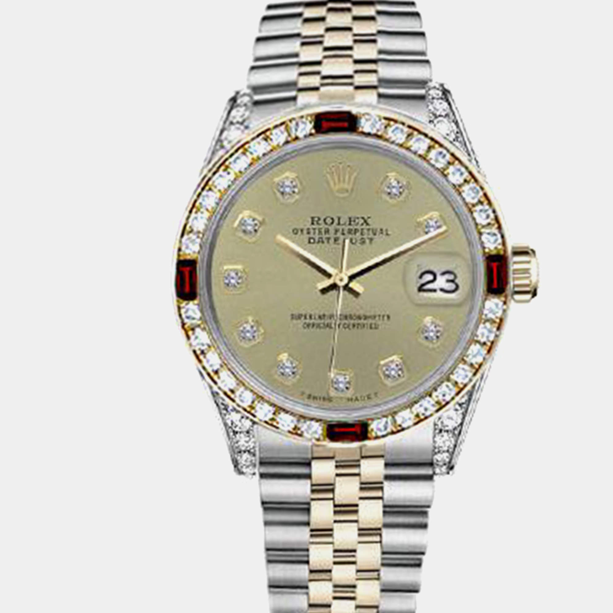 Rolex Customised Champagne Diamond 18K Yellow Gold Stainless Steel Datejust 16013 Automatic Men's Wristwatch 36mm