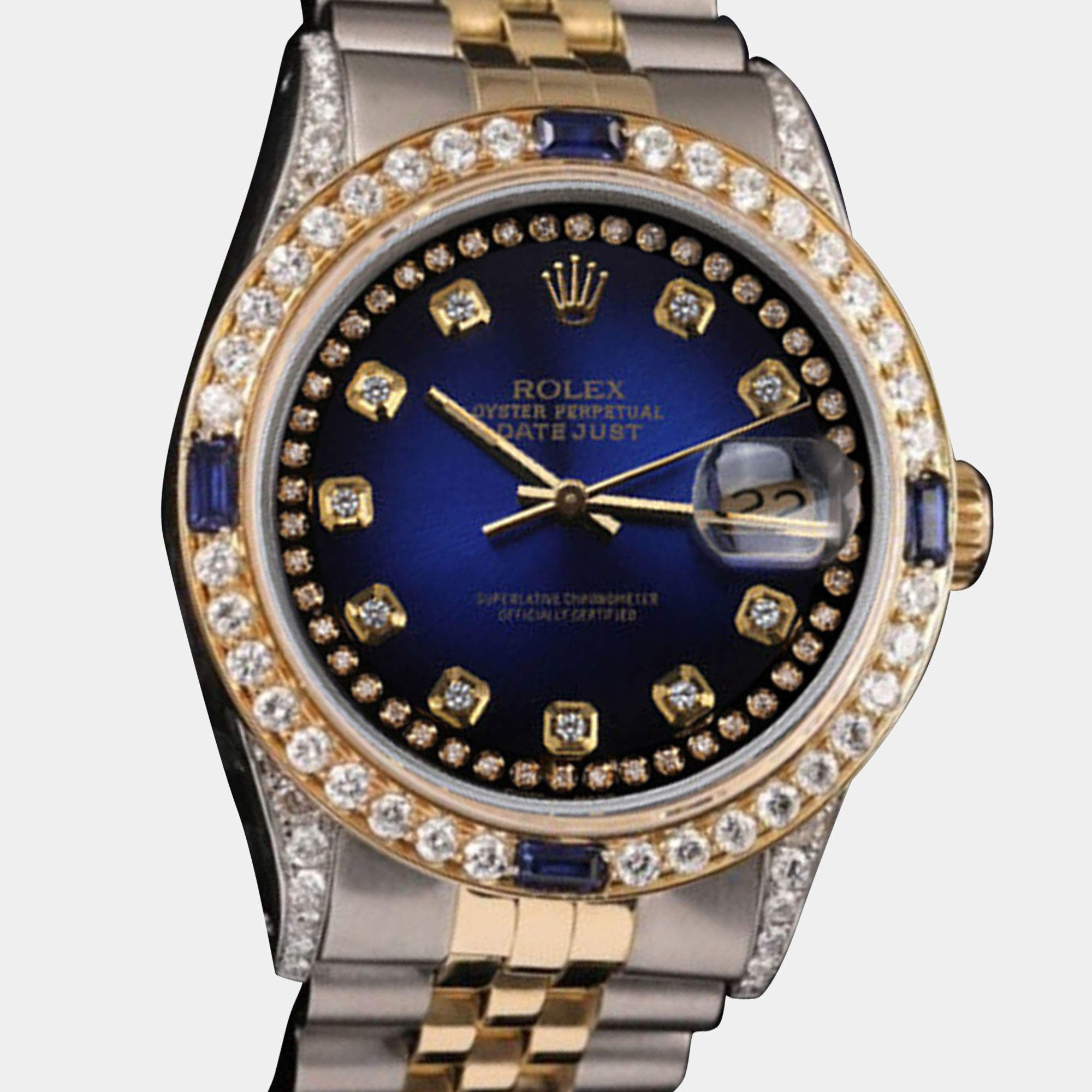 Rolex Customised Blue Diamond 18K Yellow Gold Stainless Steel Datejust 16013 Automatic Men's Wristwatch 36mm