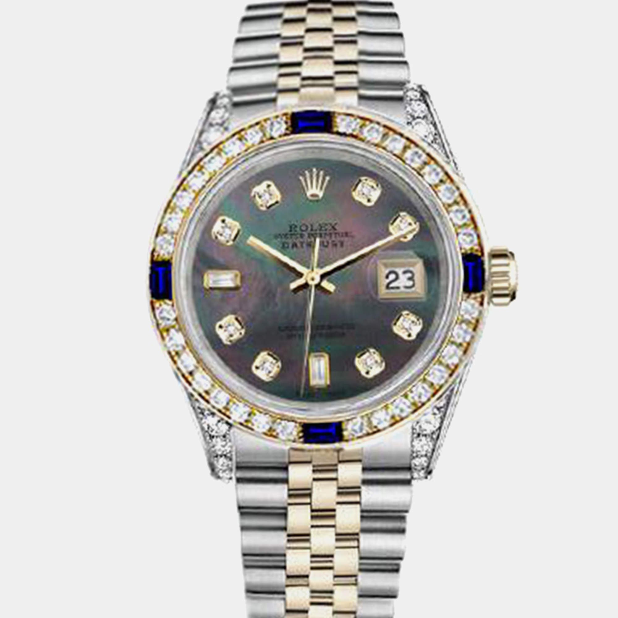 Rolex Customised Black MOP Diamond 18K Yellow Gold Stainless Steel Datejust 16013 Automatic Men's Wristwatch 36mm