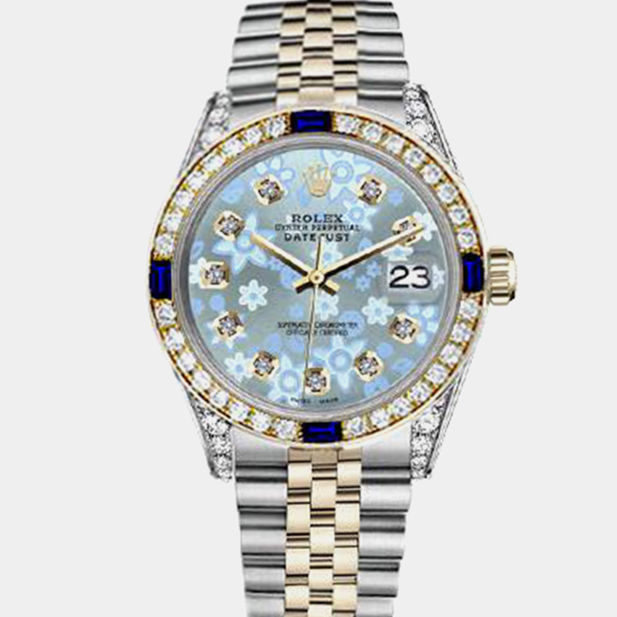 Rolex Customised Ice Blue Diamond 18K Yellow Gold Stainless Steel Datejust 16013 Automatic Men's Wristwatch 36mm