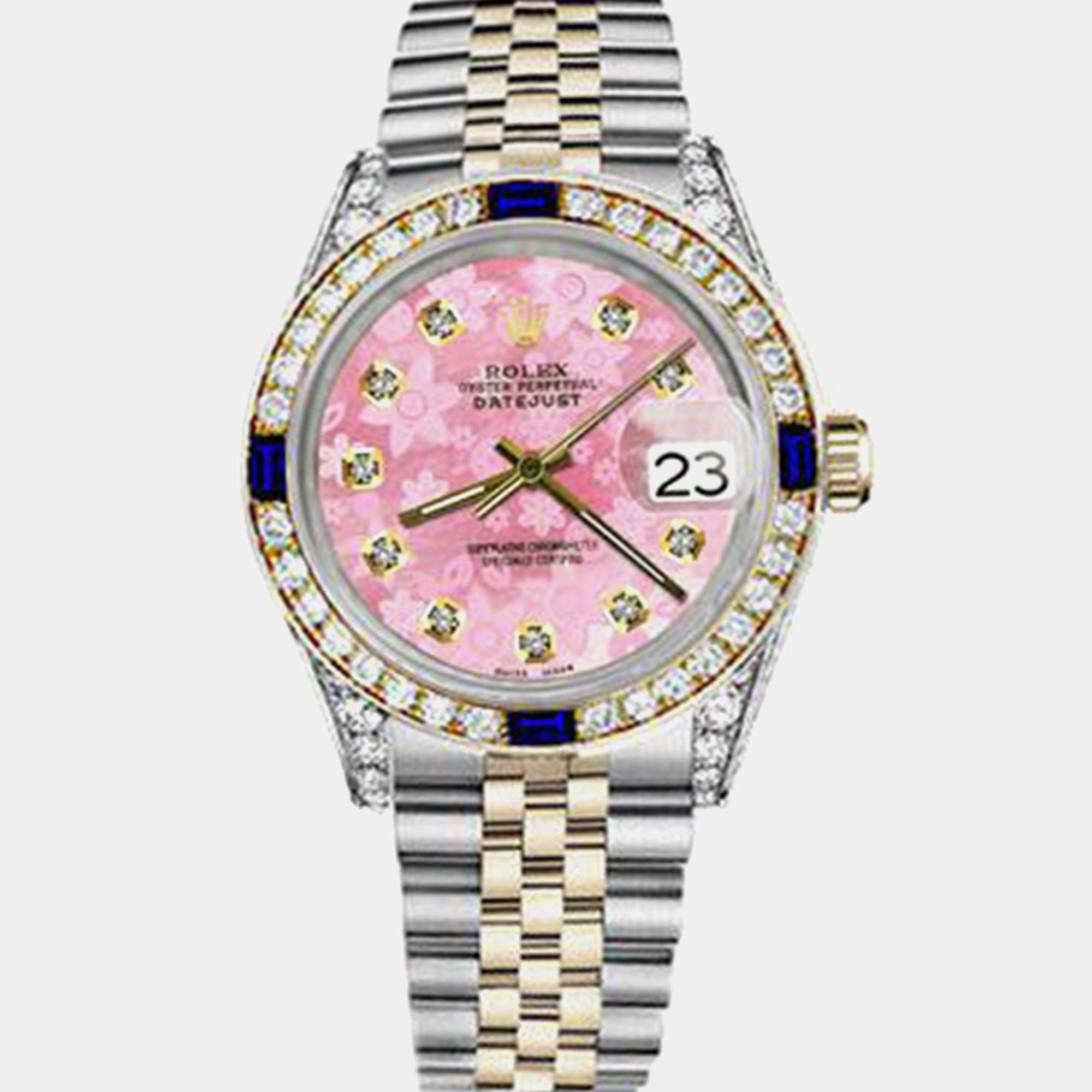 Rolex Customised Pink Diamond 18K Yellow Gold Stainless Steel Datejust 16013 Automatic Men's Wristwatch 36mm