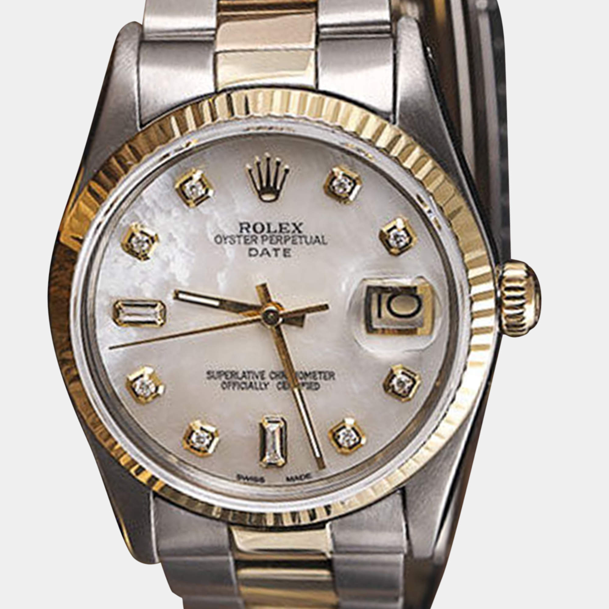 Rolex Customised White MOP Diamond Stainless Steel Date 15223 Automatic Men's Wristwatch 34mm