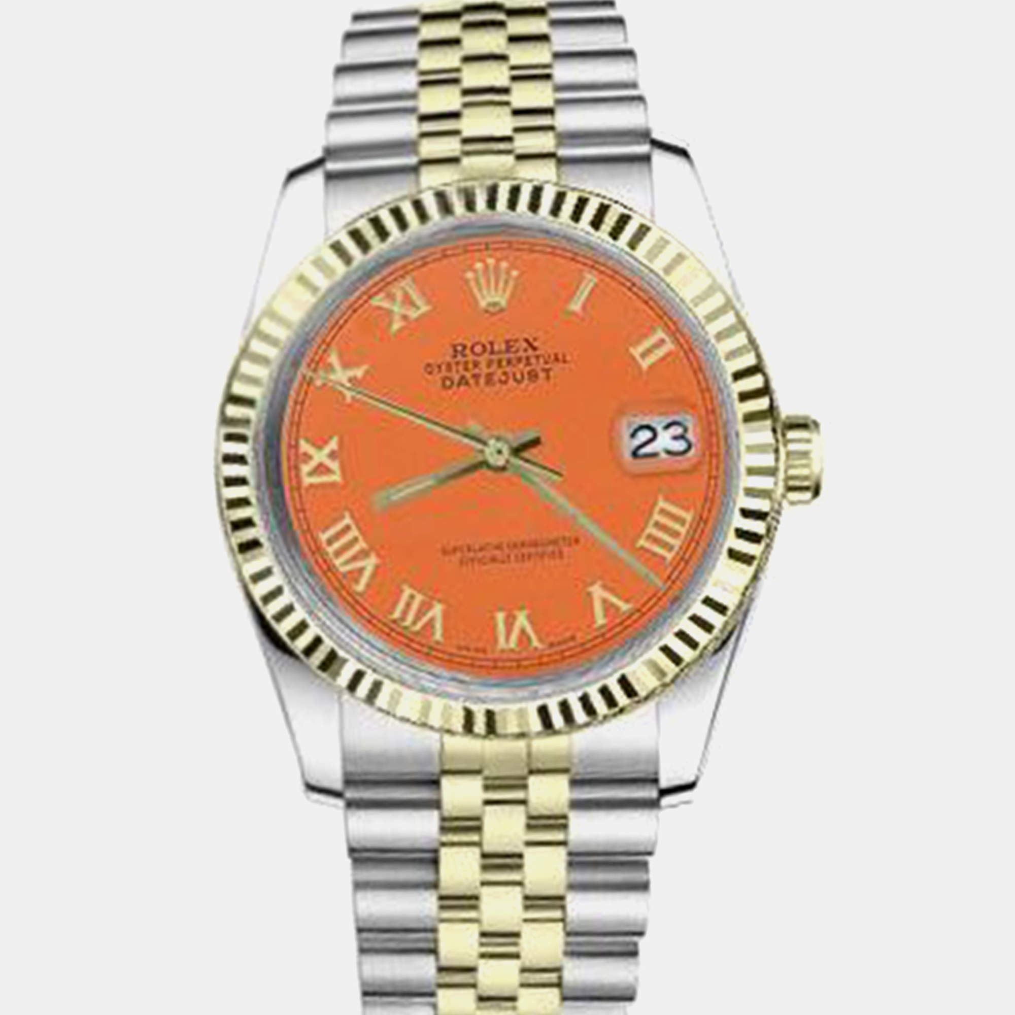 Rolex Customised Orange Diamond 18K Yellow Gold Stainless Steel Datejust 16013 Automatic Men's Wristwatch 36mm