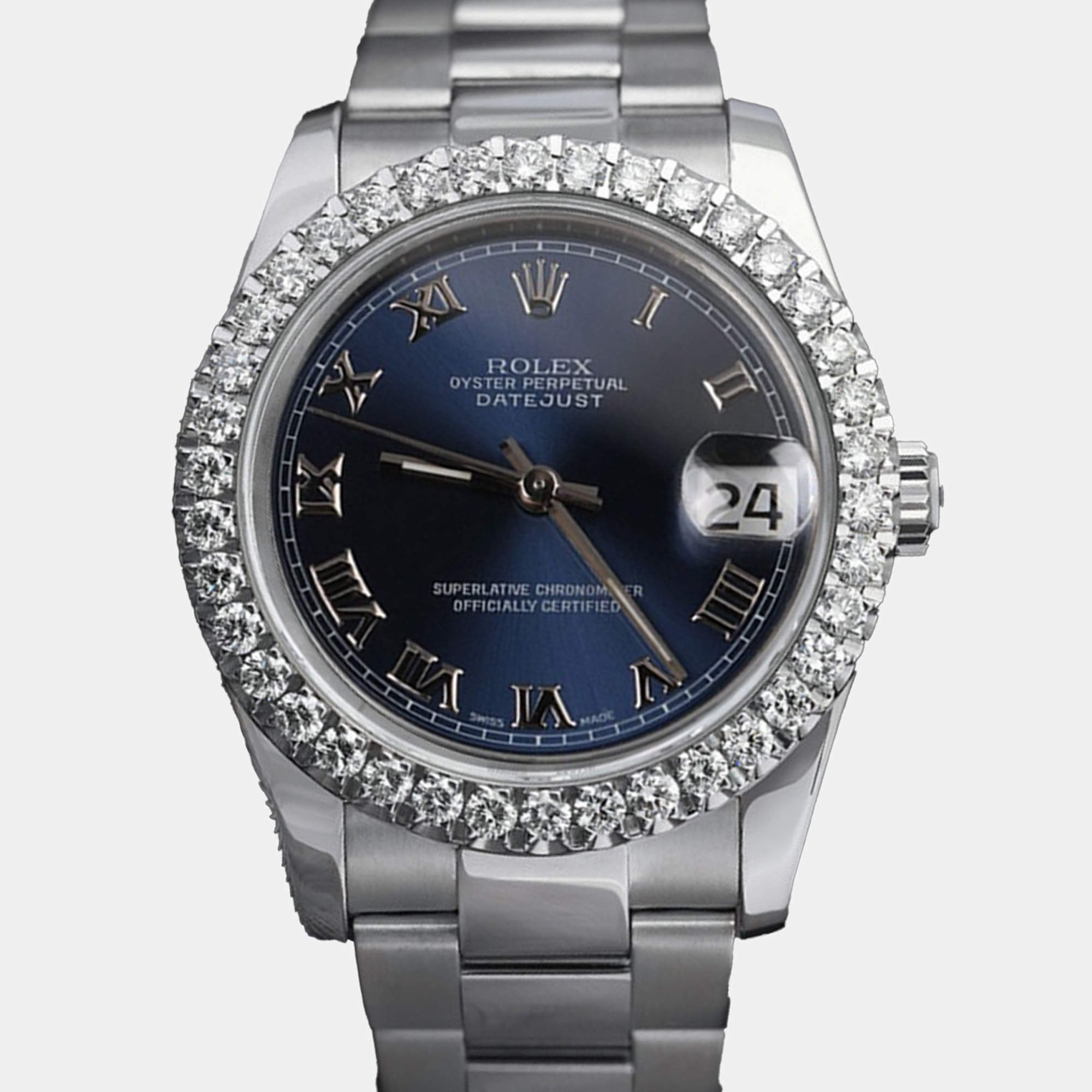Rolex Customised Blue Diamond Stainless Steel Datejust 116234 Automatic Men's Wristwatch 36mm
