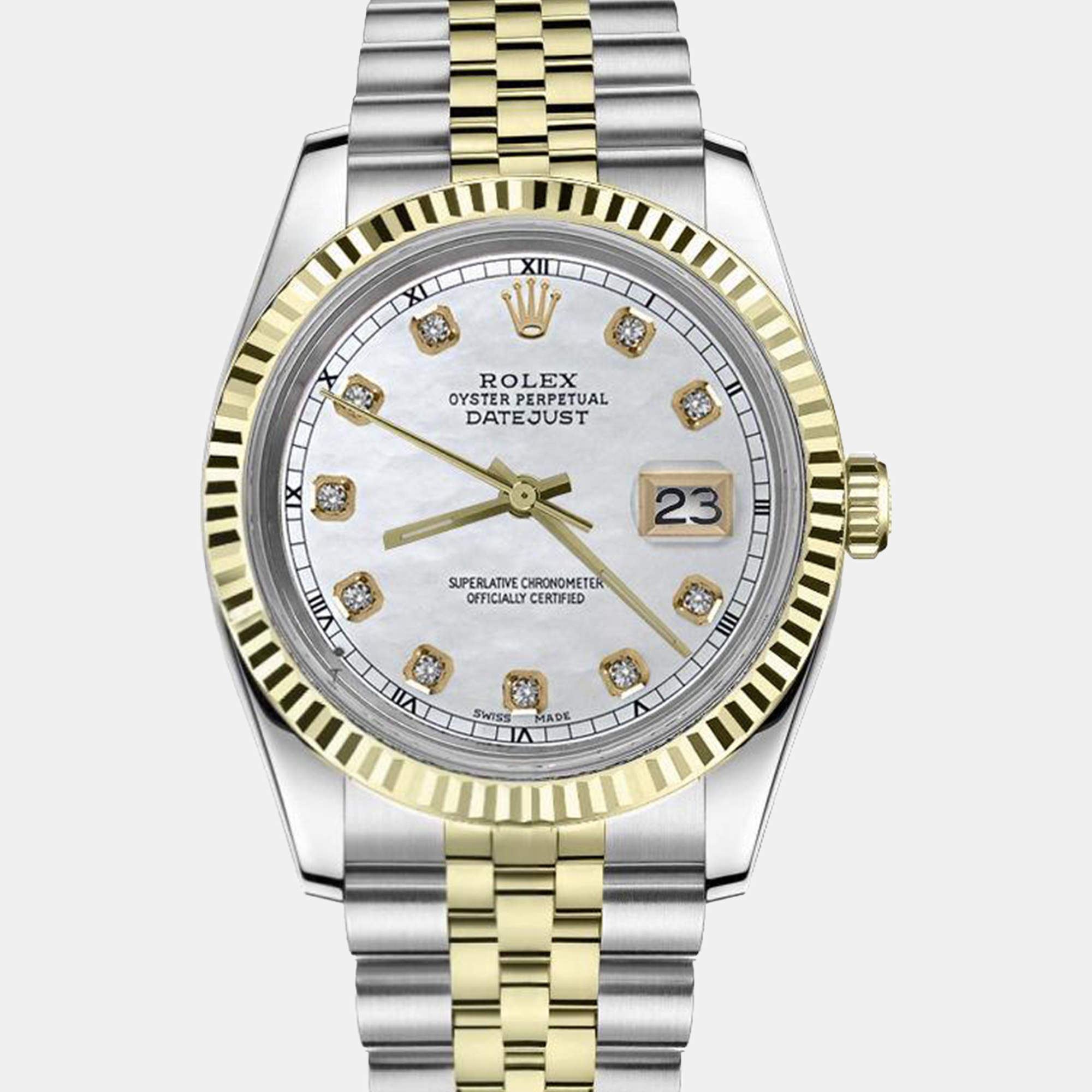 Rolex Customised White MOP Diamond Stainless Steel Datejust 16013 Automatic Men's Wristwatch 36mm