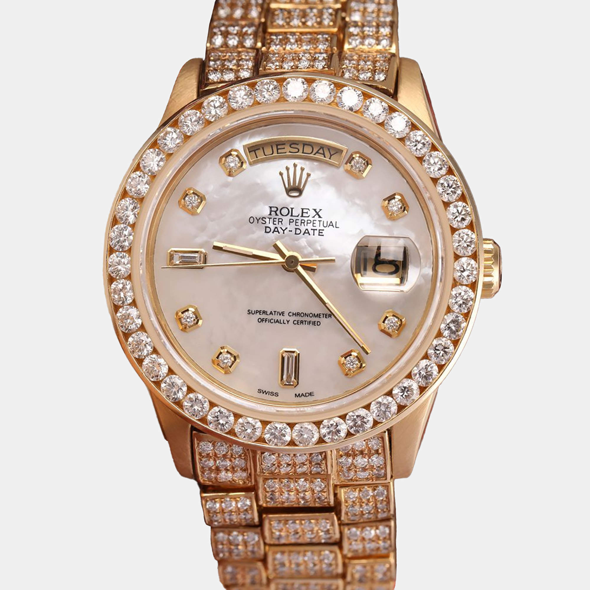 Rolex Customised White MOP Diamond 18K Yellow Gold Day-Date 18038 Automatic Men's Wristwatch 36mm