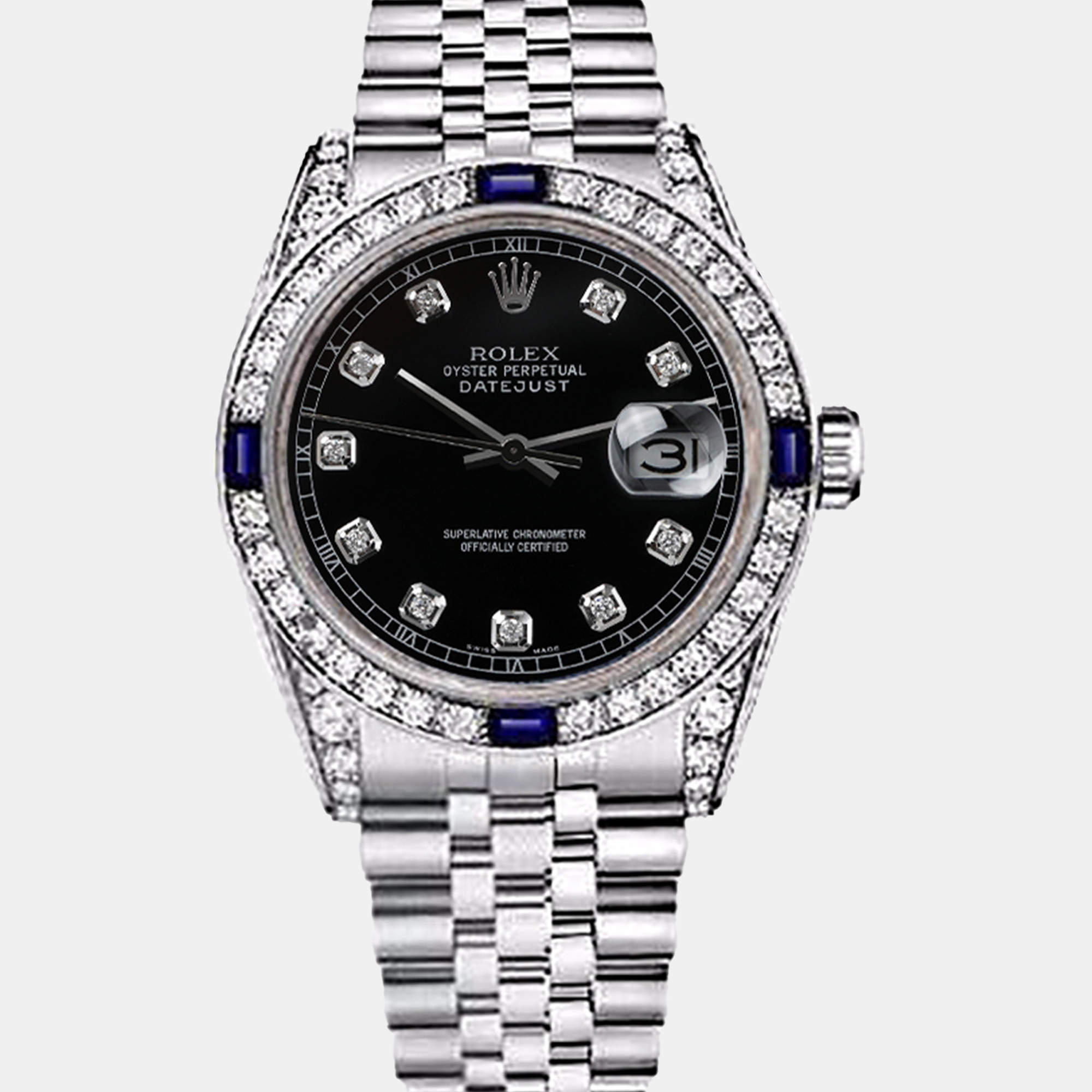 Rolex Customised Black Diamond Stainless Steel Datejust 16014 Automatic Men's Wristwatch 36mm