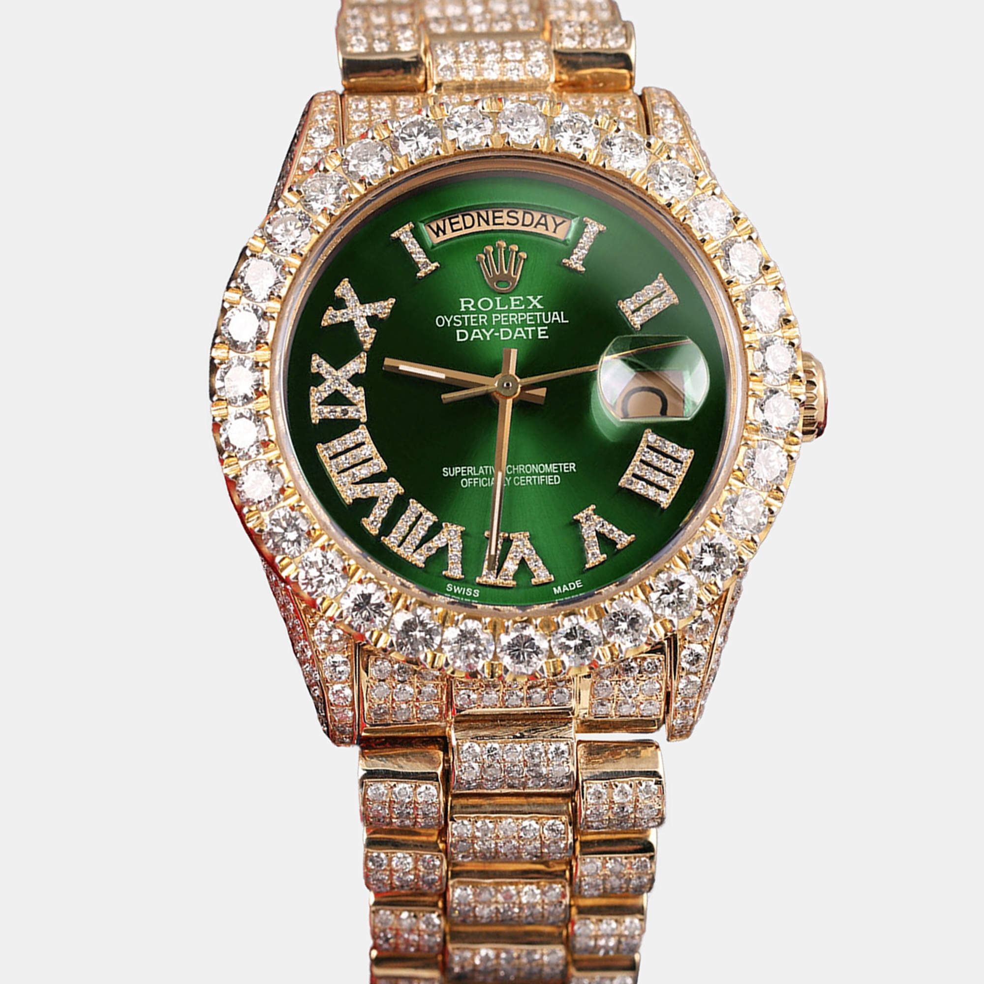 Rolex Customised Green Diamond 18K Yellow Gold Day-Date 18038 Automatic Men's Wristwatch 36mm