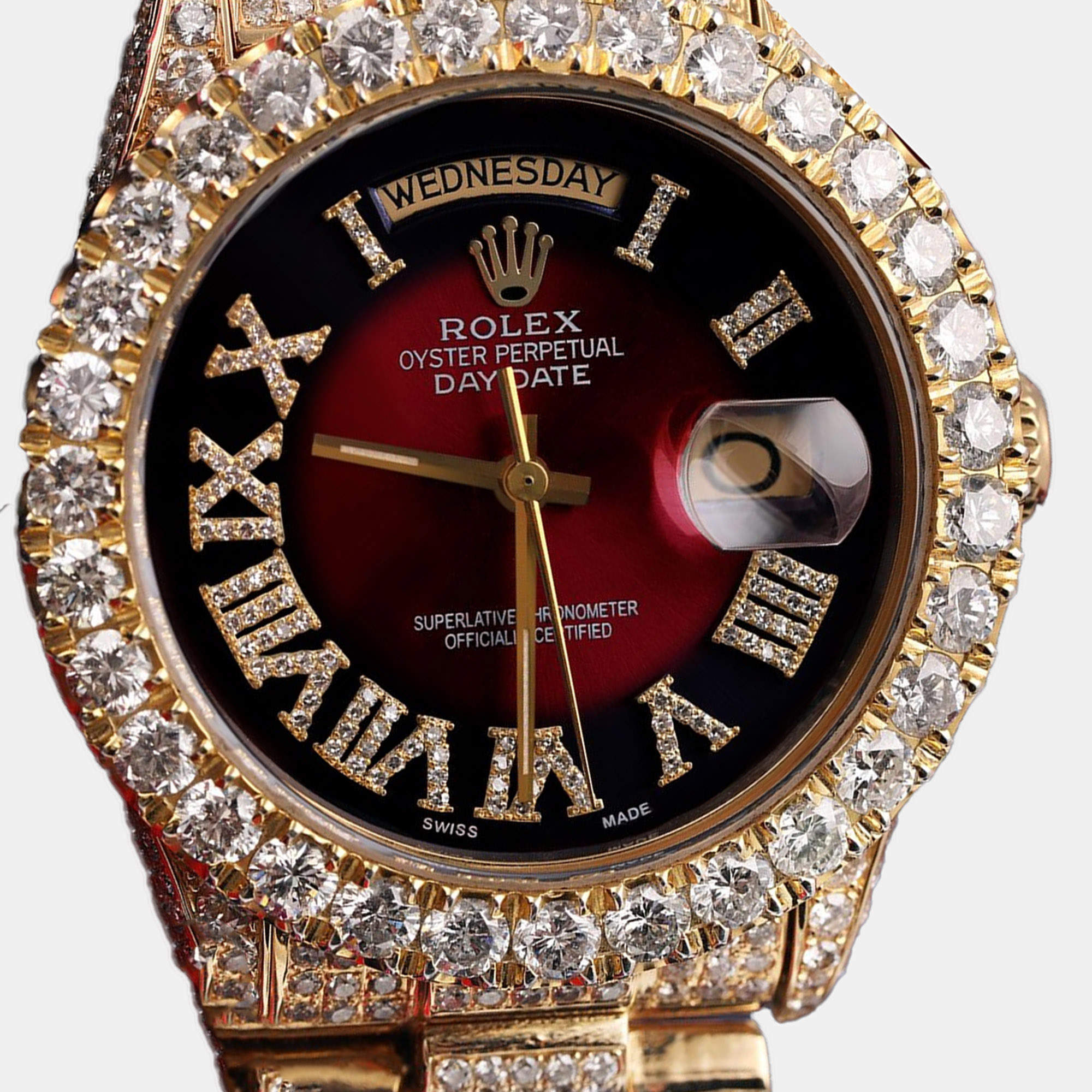 Rolex Customised Red Vignette Diamond 18K Yellow Gold Day-Date 18038 Automatic Men's Wristwatch 36mm