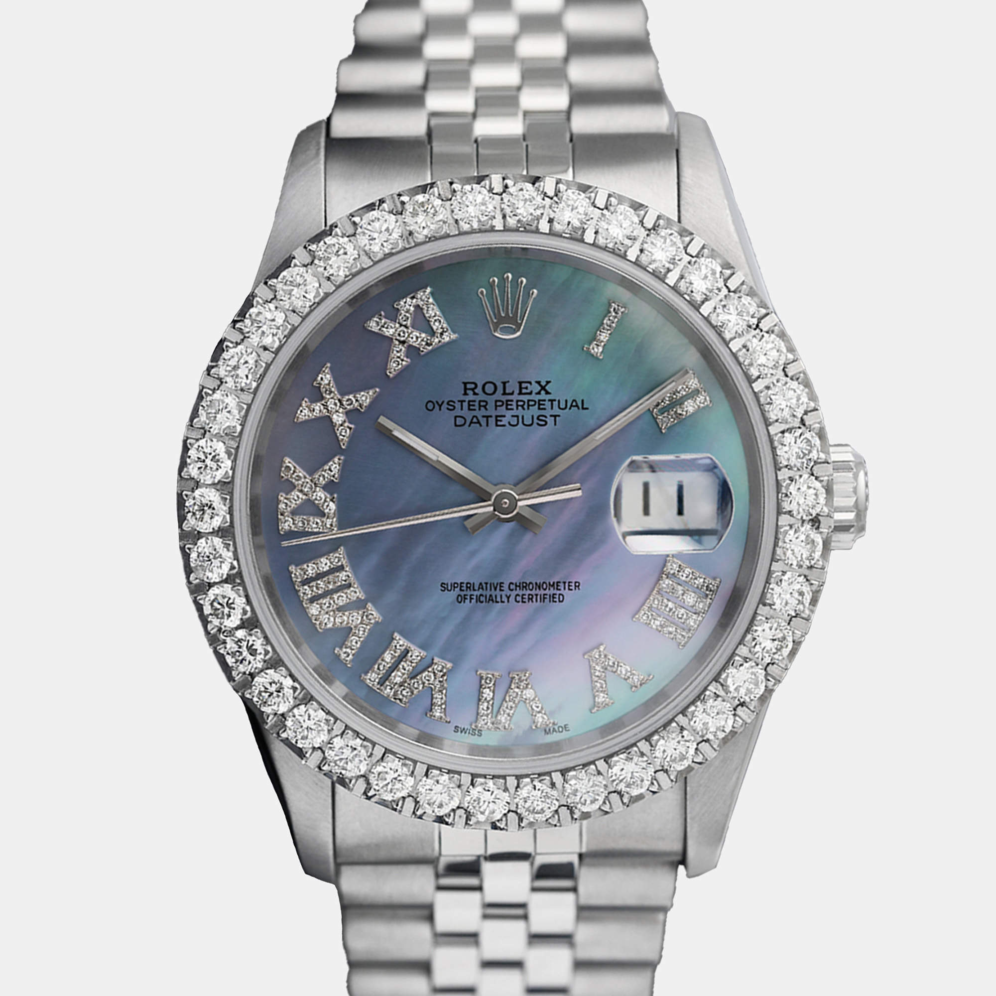 Rolex Customised Tahitian Diamond Stainless Steel Datejust 16014 Automatic Men's Wristwatch 36mm