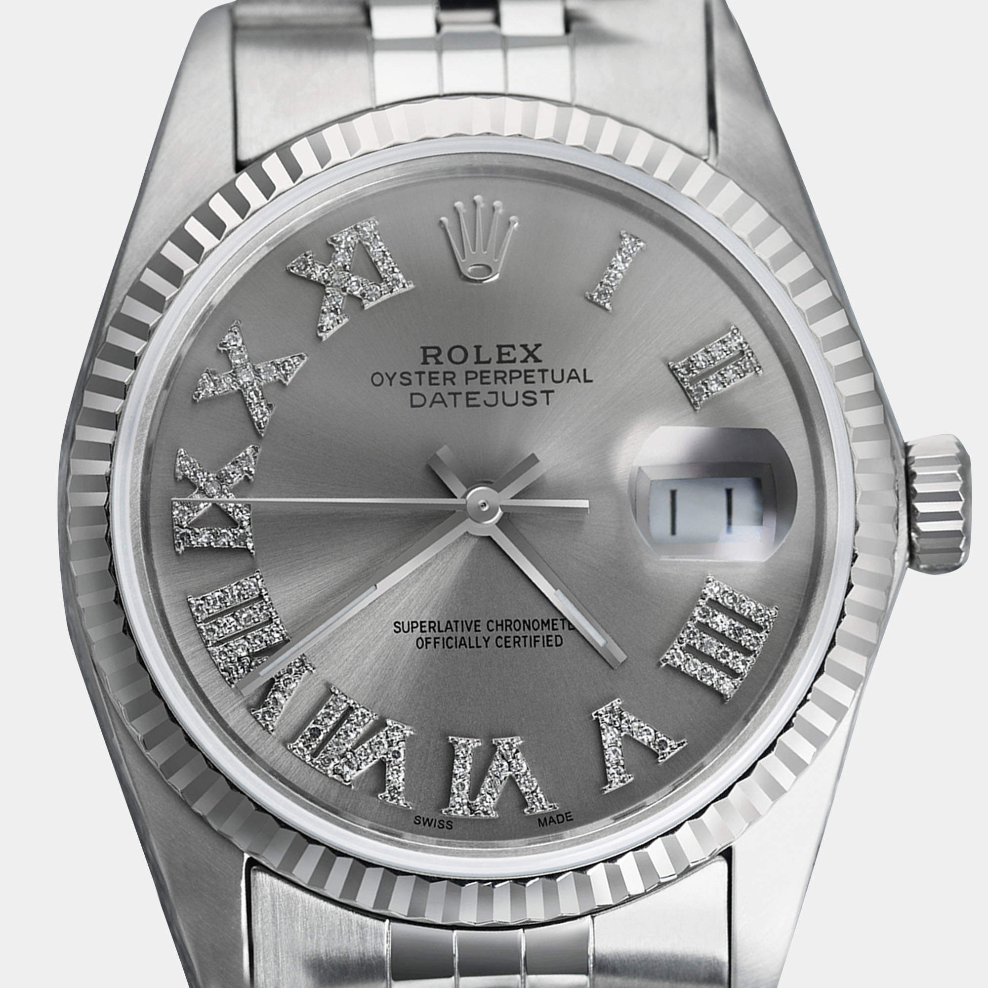 Rolex Customised Silver Diamond Stainless Steel Datejust 16014 Automatic Men's Wristwatch 36mm