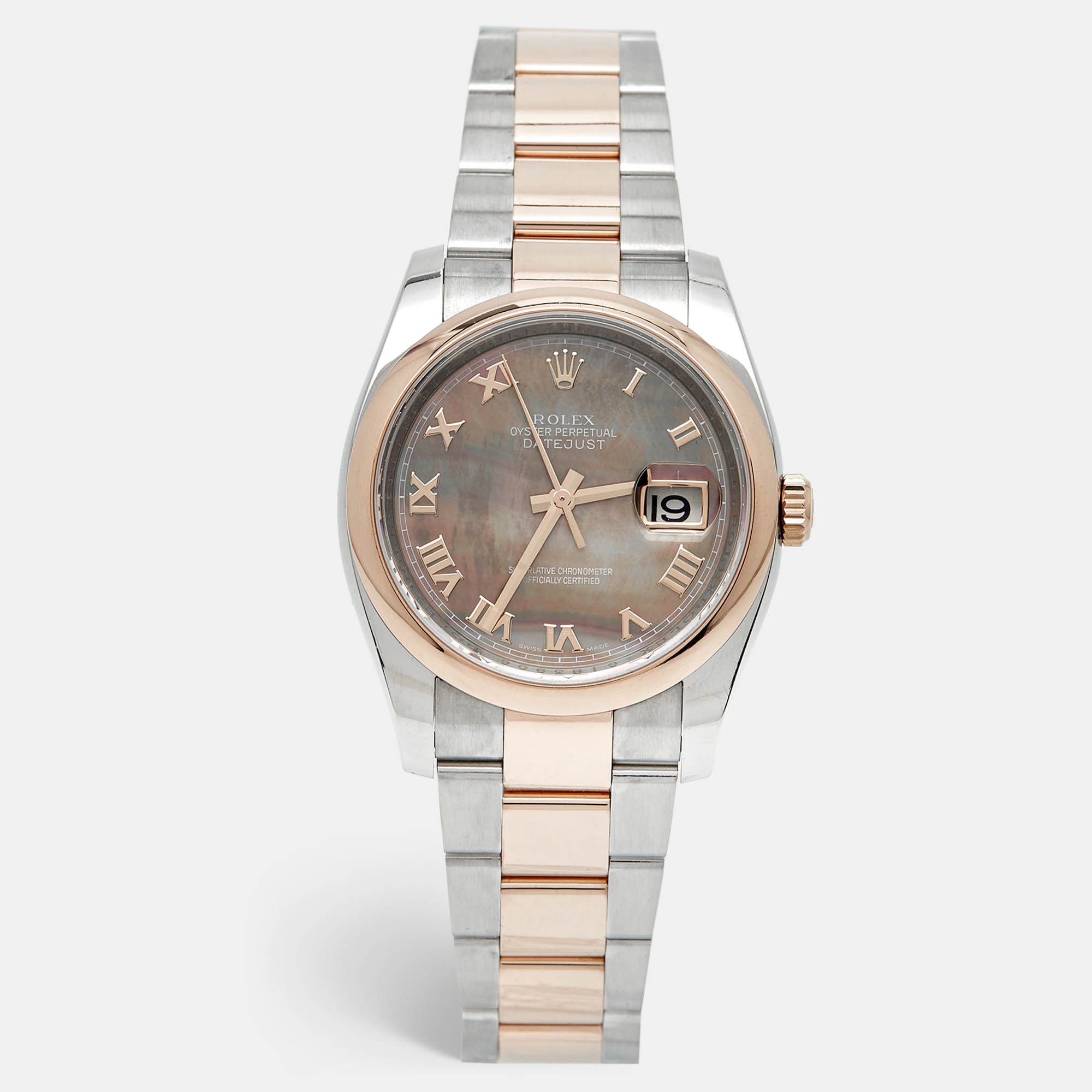 Pre Owned Rolex Brown Mother Of Pearl 18K Everose Gold Oystersteel Datejust 116201 Women's Wristwatch 36 mm