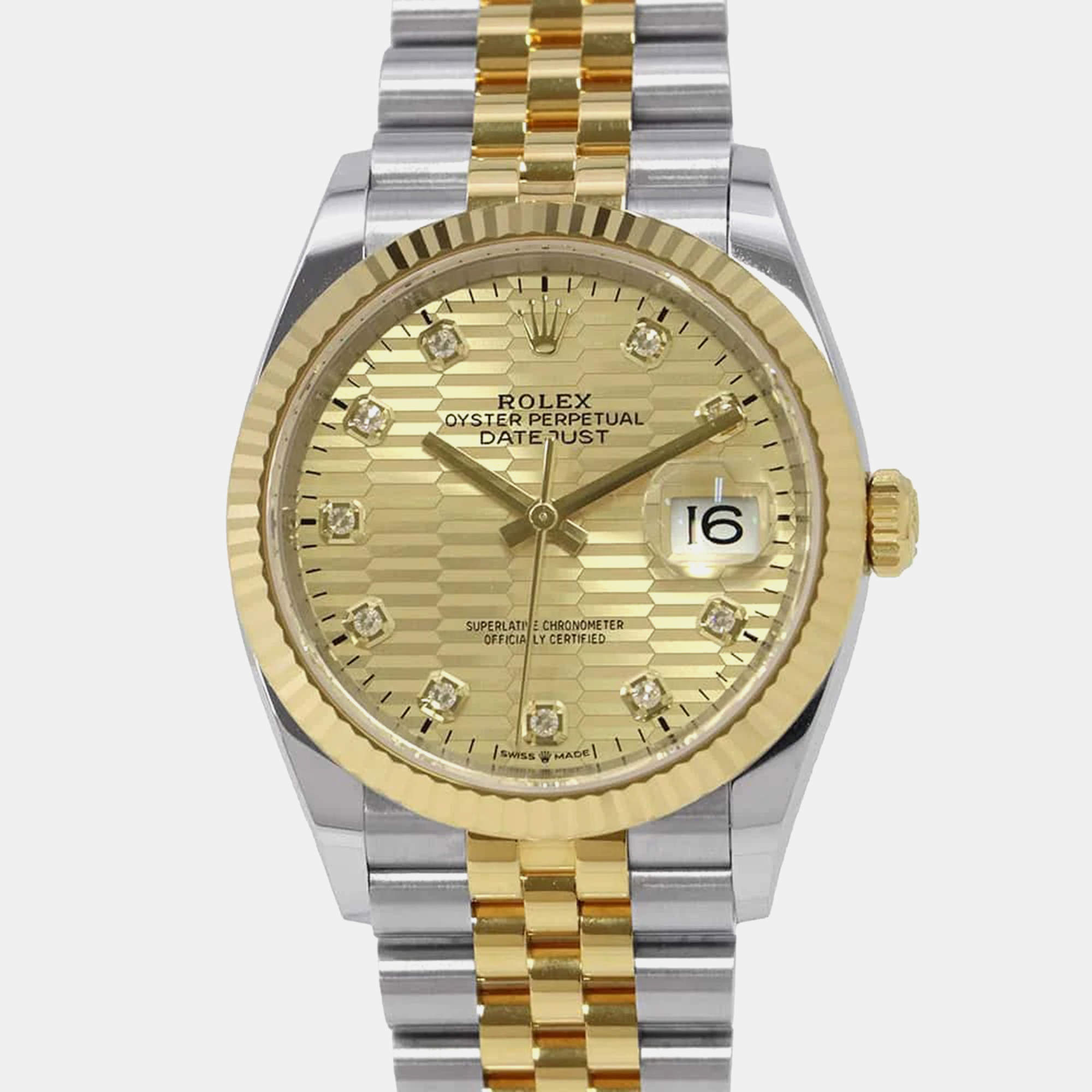 Rolex Fluted Diamond 18k Yellow Gold Stainless Steel Datejust 126233 Automatic Men's Wristwatch 36 mm