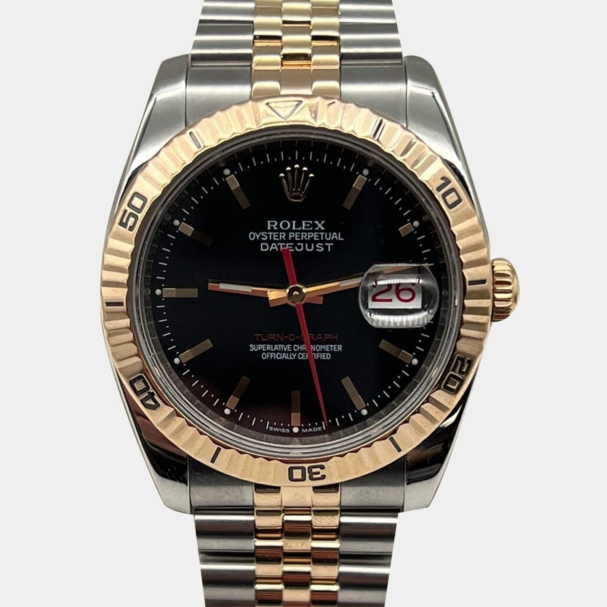 Rolex Black 18k Rose Gold Stainless Steel Datejust Turn-O-Graph 116261 Automatic Men's Wristwatch 36 mm