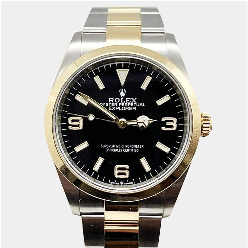 Rolex Black 18k Yellow Gold Stainless Steel Explorer 124273 Automatic Men's Wristwatch 36 mm