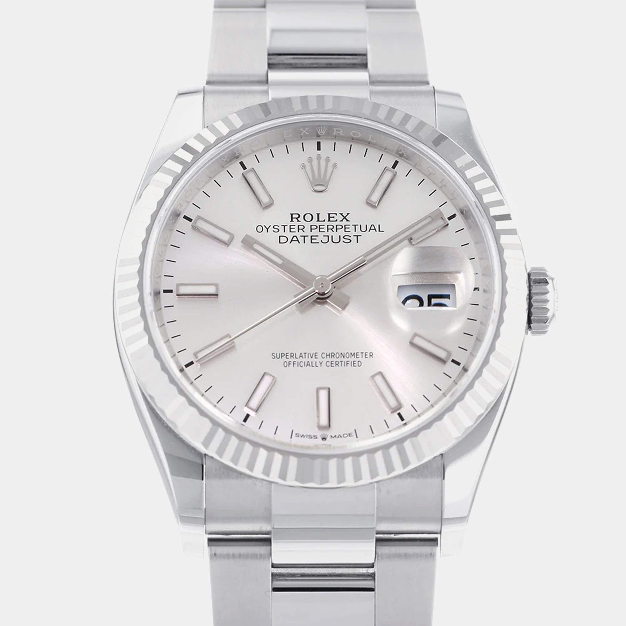 Rolex Silver 18k White Gold Stainless Steel Datejust 126234 Automatic Men's Wristwatch 36 mm
