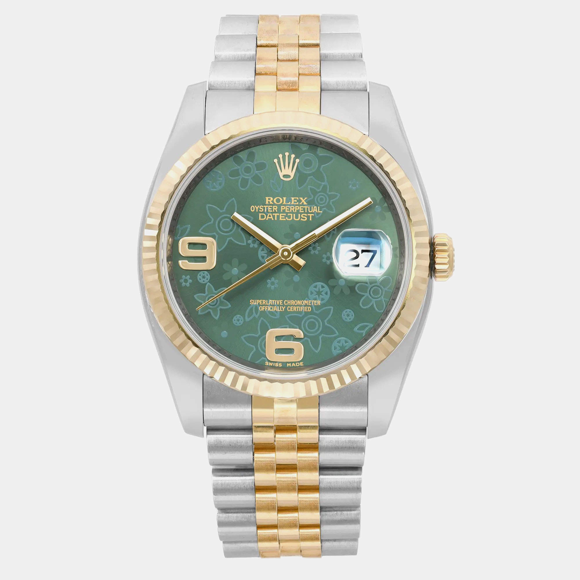 Rolex Green 18k Yellow Gold Stainless Steel Datejust 116233 Automatic Men's Wristwatch 36 mm
