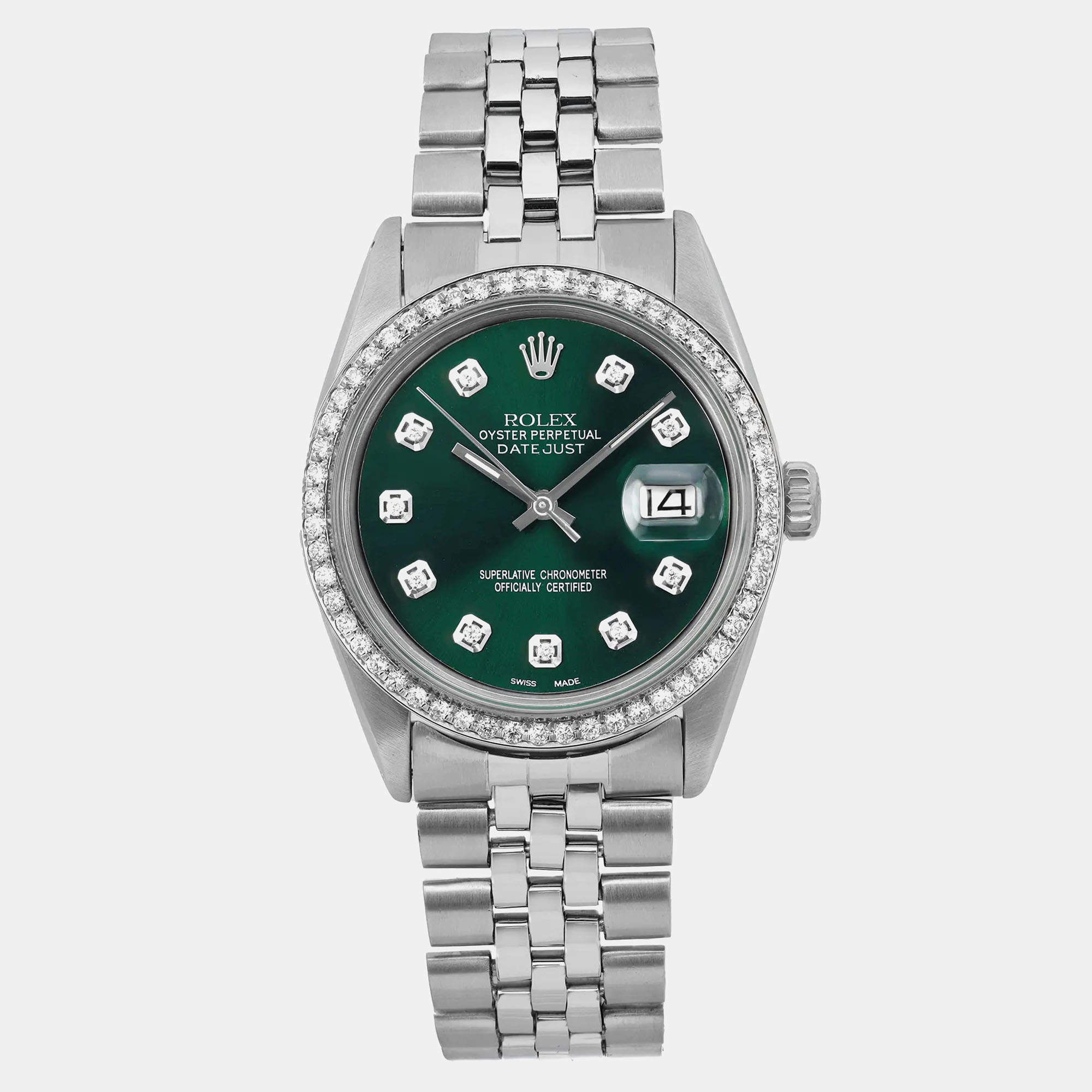 Rolex Custom Green Diamond Stainless Steel Datejust 1601 Automatic Men's Wristwatch 36 mm