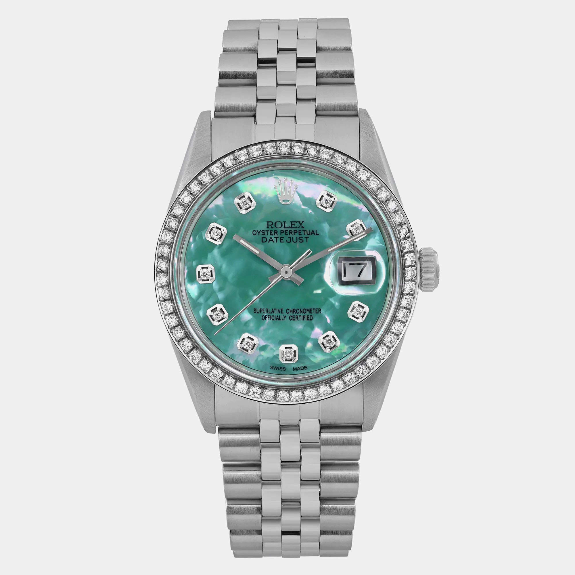 Rolex Custom Green Turquoise Diamond Stainless Steel Datejust 16030 Automatic Men's Wristwatch 36mm